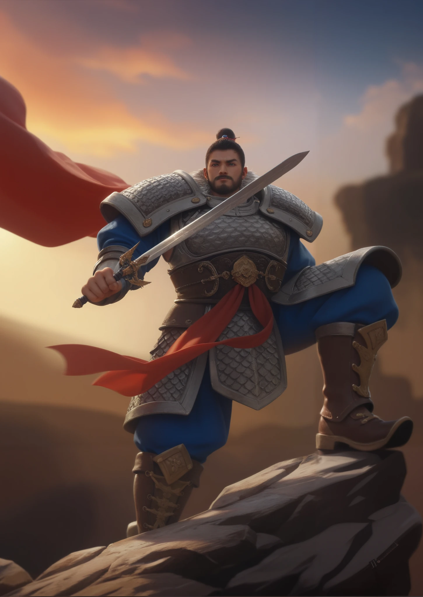 image of a man wearing armor with a sword, zhangfei, Chinese military commanders,Refinement of combat boots, Inspired by Li Kan, Inspired by Huang Shen , Inspired by Hu Zaobin, G liulian art style , , , Three Kingdoms , adds depth and mystery to the scene , author:Ni Yuanlu