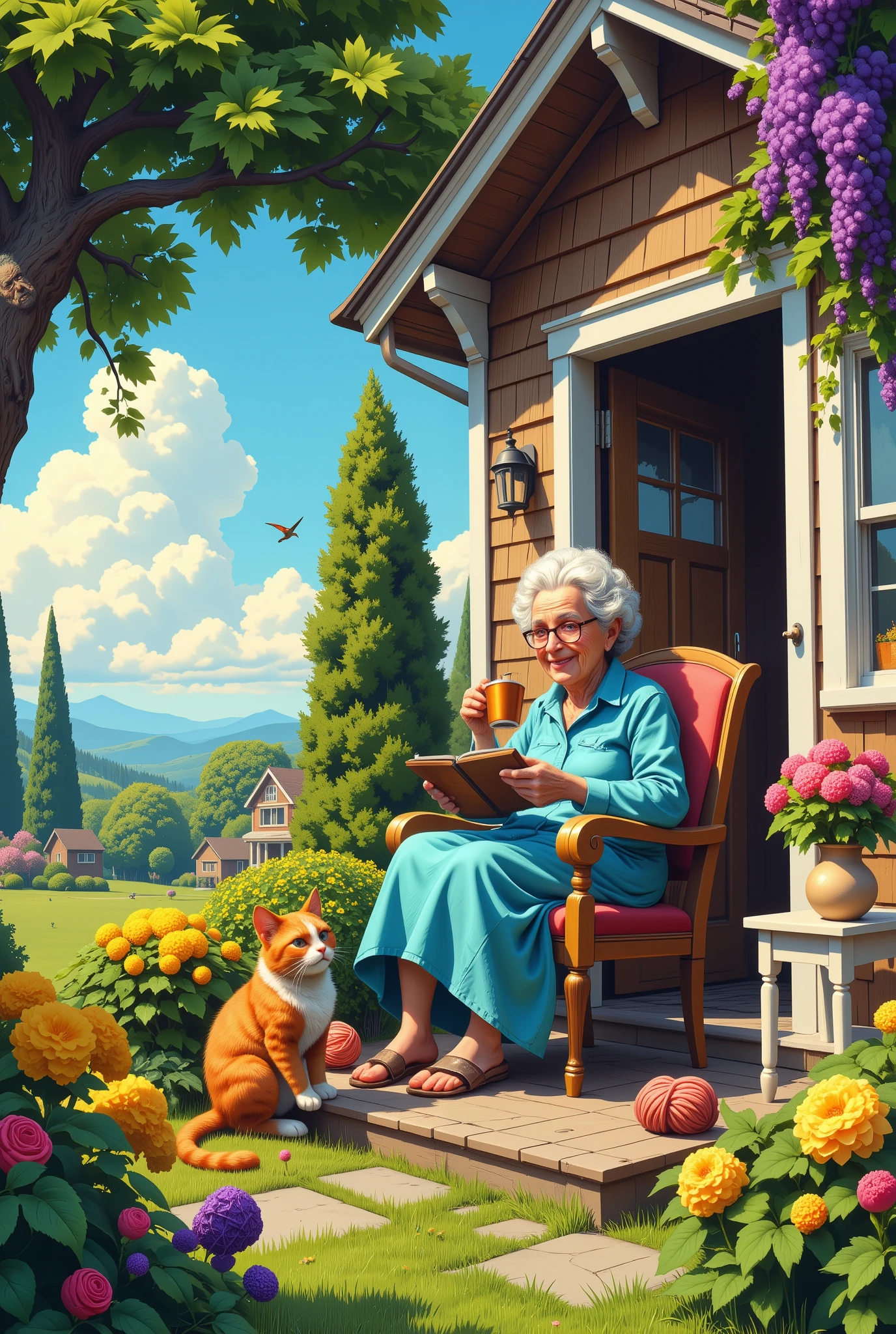   A cheerful little old needlewoman in a bright ridiculous one sits in her old chair drinking coffee on the porch of her small wooden old house.  Beautiful fantastic garden .  Trees and flowers.   A striped long-haired bright red cat plays with a club of turquoise yarn  .  Sunny summer morning ,  Sunny.  Ceruleum sky .  Cream-colored airy clouds .   Yellow acacia bushes  , rhododendrons ,  purple wisteria  ,  colorful lush roses ,  ripe grapes ,  bright green ivy .  Little emerald hummingbirds .  Soft green lawn . on the porch,  near the old lady small white table .  Старый медный кофейник стоит на столике на вязаной pink салфетке.  Cookie vase  .   Yellow balls everywhere , blue, pink,  x} purple soft yarn  .  Pure beautiful joyful colors  .  Good facial expressions of an old woman's face .  Wrinkles and gray hair .  blue eyes.  Old woman's body proportions .  Style — illustration  .  Abstract art .  Naive joy . 