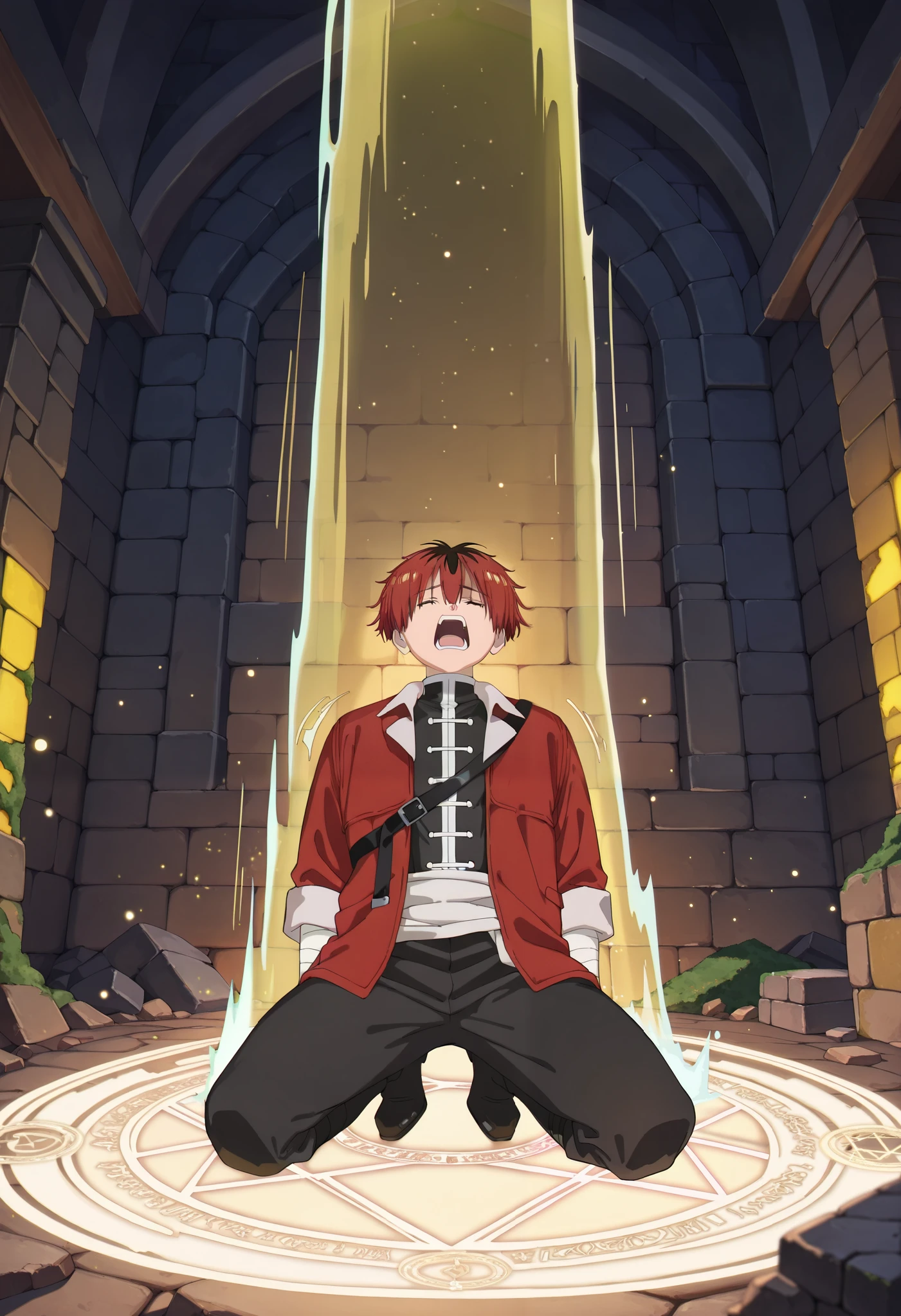masterpiece, best quality, intricate details, , , , 1boy, solo, male focus, stark_sousou_no_frieren, red hair, short hair, bangs, hair between eyes, multicolored hair, two-tone hair, black hair, portrait, ((from below)), ((yelling in pain)), ((magic)), red particles, ((particles)), stars, particles, ((looking up)), ((closed eyes)), ( in pain)), ((((yellow light barrier)))), strained face, ((motion lines)), (dark cave), dungeon, full body, kneeling, magic circle, ((full body)), ruins, moss, stone brick, ((red jacket)), ((dutch angle))