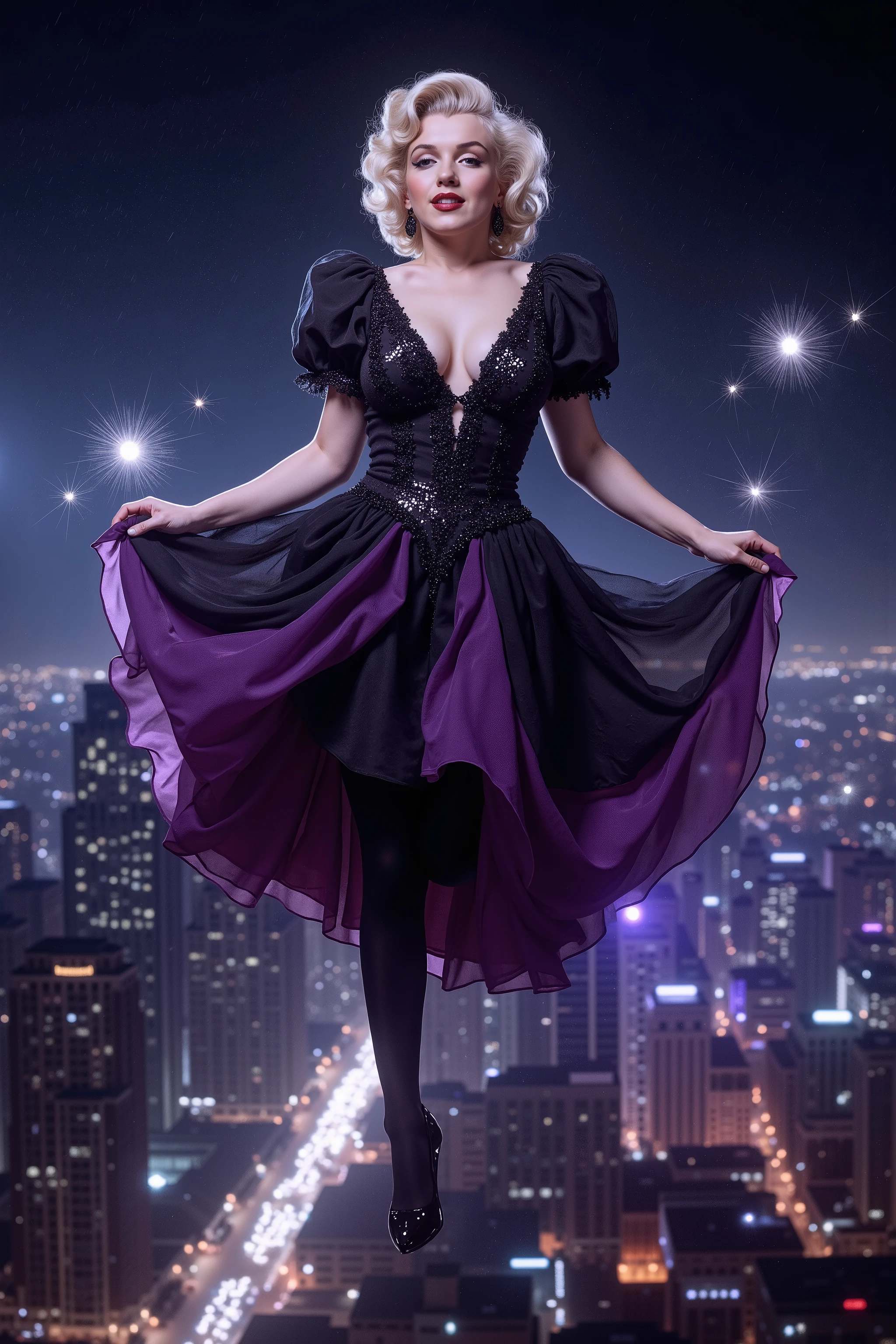<Lora:m3r1l. A gothic looking Marilyn Monroe is posing as she levitates 260 feet in mid air. The city of Los Angeles behind her. Make up, heavy black eyeshadow, dark red lipstick, beauty mole. The dress she is wearing is a black and violet Victorian style dress. Overflowing cleavage. Insane amount of sparkle and multicolored energy swirls all around her. Vertigo. Ultra realistic, photorealistic, Ultra detailed, Portrait photography, surrealism, hyperrealism, Sparkle, Optical Illusion, Glowing Light, Reflective Light, Overexposure, Backlighting, full focus, Awe inspiring, Breathtaking, Indescribably Beautiful, Heaven sent images, Best Quality, Award Winning, Masterpiece.