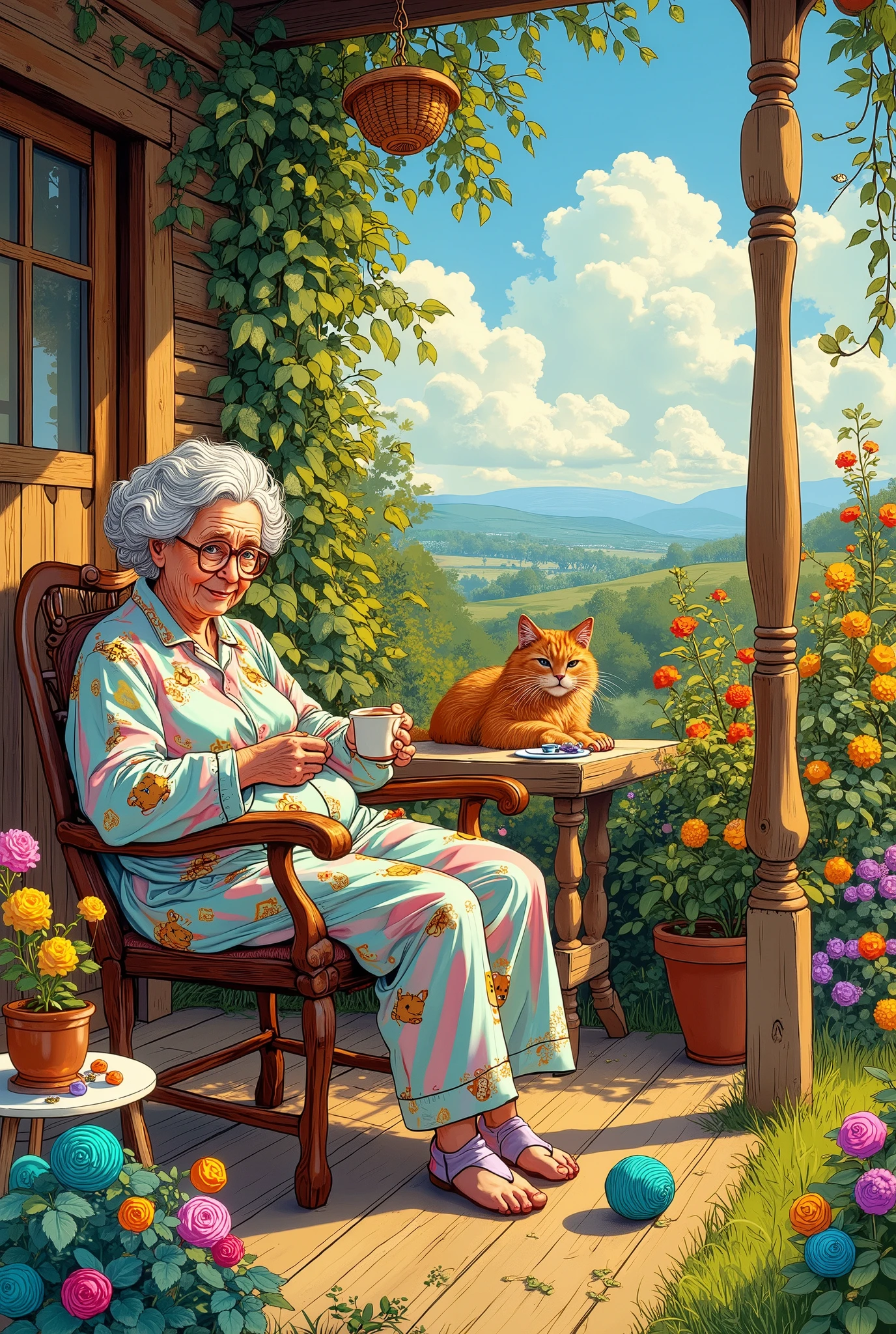 A cheerful little old craftsman with glasses and colorful pajamas with bears sits in her old chair and drinks coffee on the porch of her small wooden old house. Beautiful fantastic garden . Trees and flowers. Striped long-haired bright red cat plays with a ball of turquoise yarn . Sunny summer morning , Sunny. Ceruleum sky . Cream-colored airy clouds . Yellow acacia bushes , rhododendrons , purple wisteria , colorful lush roses , ripe grapes , bright green ivy . Little emerald hummingbirds . Soft green lawn . on the porch, near the old lady small white table . Старый медный кофейник стоит на столике на вязаной pink салфетке. Cookie vase . Balls of yellow , blue, pink, purple soft yarn . Pure beautiful joyful colors . Good facial expressions of an old woman's face . Wrinkles and gray hair . blue eyes. Old woman's body proportions . Style — illustration . Abstract art . Naive joy .