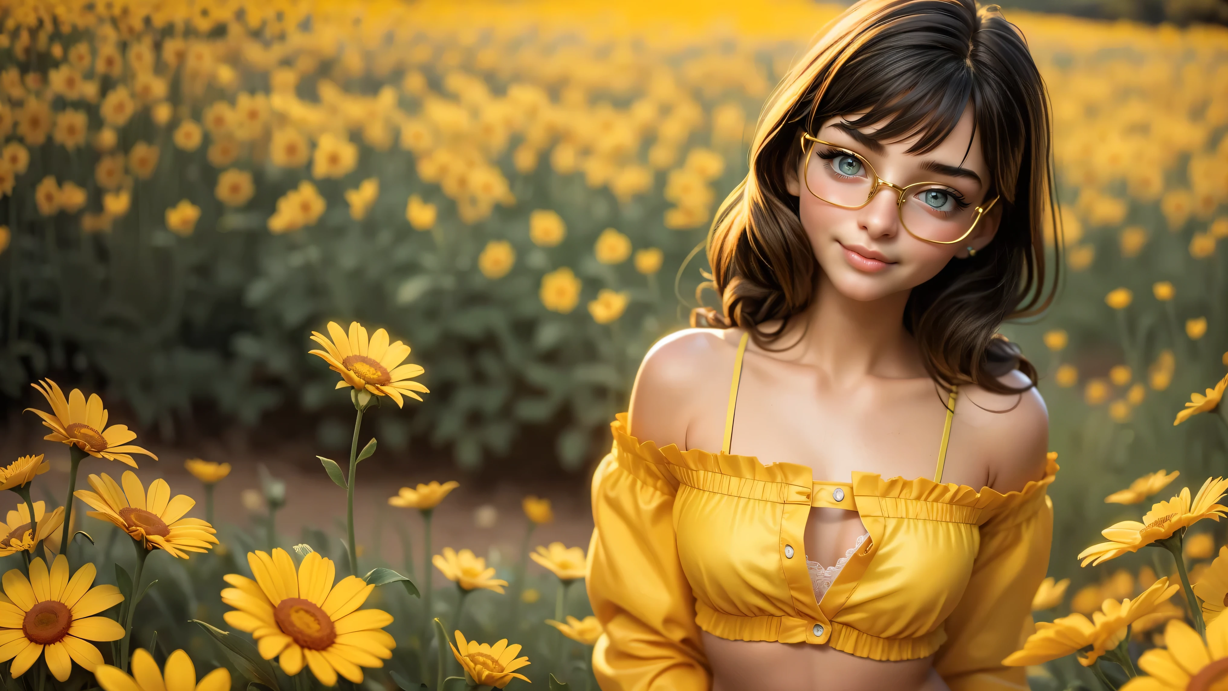 1girl, solo, cute girl, (18yo), standing upright in a field of flowers, glasses, upper body, slim waist, small breast, sexy pose, naugthy face, bangs, random hairstyle, cleavage, navel, off shoulder, seductive smile, wear yellow sexy underwear, field of flowers background,