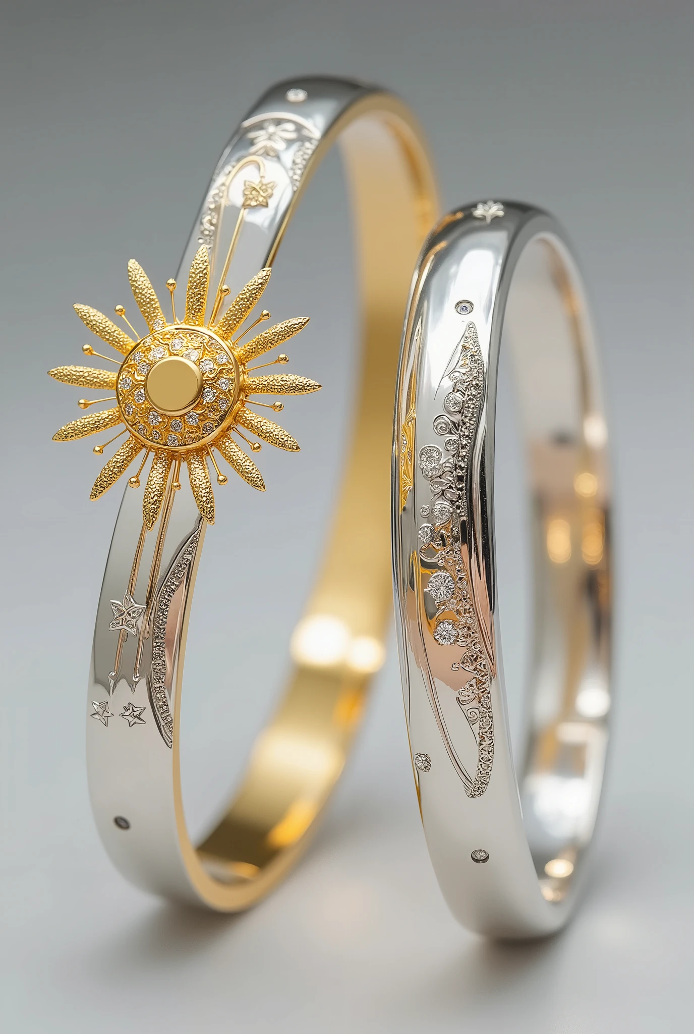 Design a pair of matching couple bracelets, symbolizing the eternal bond between day and night. The first bracelet is crafted in gold, shaped to resemble the radiant sun, with intricate sun rays extending outwards. The metal is polished to perfection, reflecting light in a way that gives it a glowing, fiery presence. Small, delicate diamonds or crystals are embedded along the sun's rays, catching the light and adding a touch of sparkle, representing the brilliance of daylight.
The second bracelet is made from a smooth, polished silver that elegantly represents the serene moon. Its design is soft and rounded, with subtle crescent shapes nestled within the band, echoing the moon’s form. Tiny star-like embellishments in silver and small sapphires are scattered across the surface, capturing the essence of the night sky. The moon bracelet should have a calm, reflective appearance, with its smooth silver surface designed to evoke a sense of tranquility.
Both bracelets are connected by a delicate thread of gold and silver, intertwining to form a seamless, harmonious flow. The sun bracelet’s golden hue contrasts beautifully with the moon bracelet’s cool silver tone, while the sparkling stars and diamonds symbolize the eternal companionship between the two. The design is elegant yet bold, showcasing a perfect balance between the warmth of day and the coolness of night, making them the ideal pair for a couple united in both light and darkness.