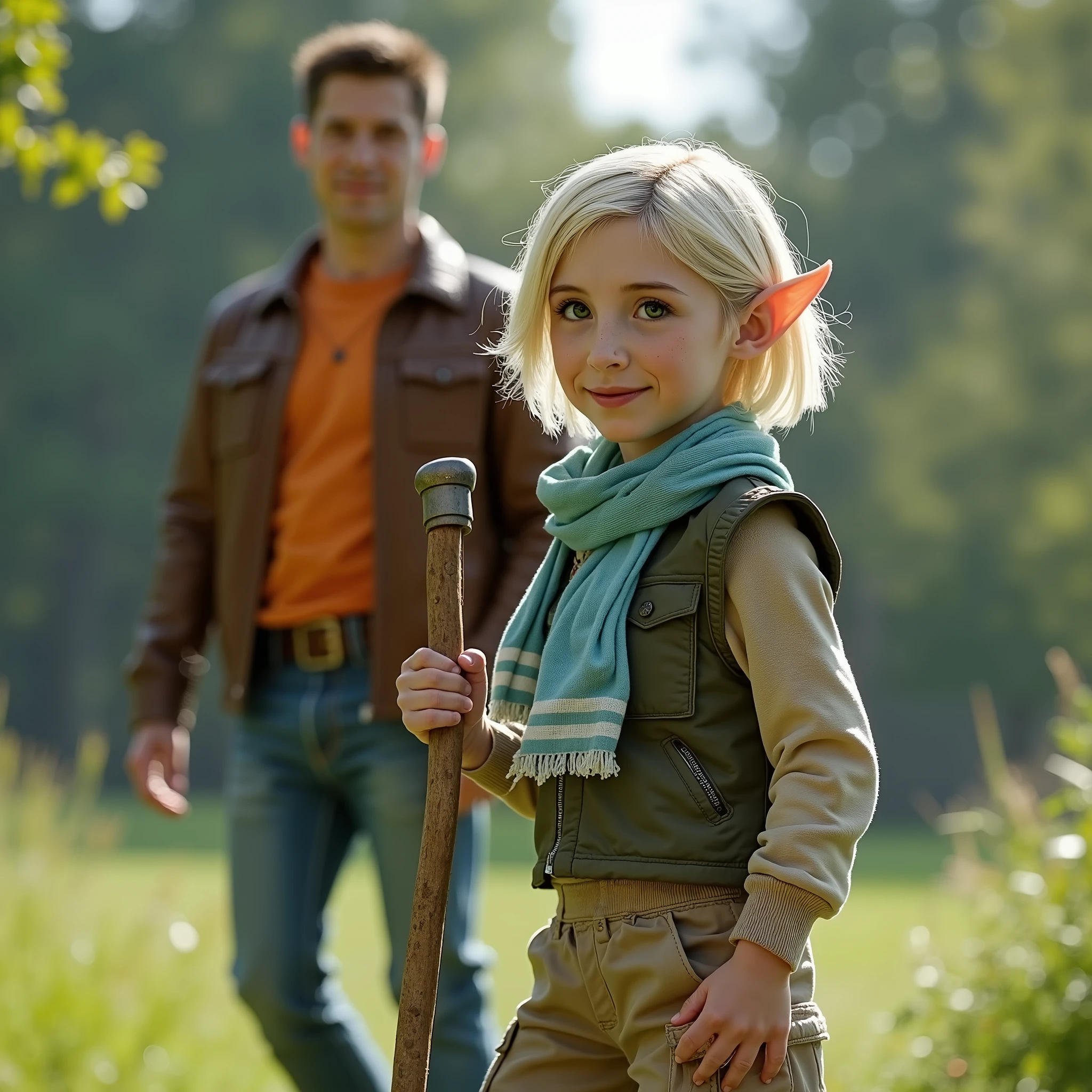(best quality,4k,8k,highres,masterpiece:1.2),ultra-detailed, female gnome, short blond hair, blue eyes, light blue scarf with white stripes, khaki cargo shorts, green vest, wielding an orbstaff, short girl, small girl, HDR, 8k, absurdres, cinestill 800, sharp focus, add_detail:2, photorealistic, (solo, woman) she is standing next to an adult human male in jeans an orange shirt and leather jacket.