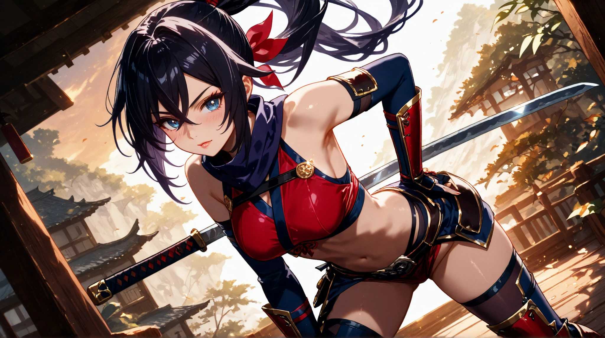 Ryuko Matoi von Kill La Kill, komplett nackt mit knappen, revealing pieces of fabric and red, sharp straps, big boobs, hentai, Titten,  Aktions-Pose, pussy