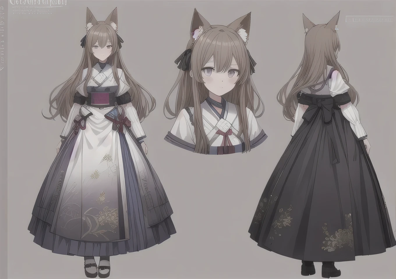character turnaround of young girl , full body, standing, same outfit, concept-art, full body, detail_face, line_sketch, PlanIt, official art, official alternate costume, design style, multi style, detail character, original, 8K GC, massive detail,. Female,multiple views of the same character, Highly detailed, vattange, vettenge, bungou stray dogs style art. PlanIt, hoppagames, charturnerv2, ((brown long hair)), purple eyes, long fox ears, stylistic, no background, only detail character,4_side, shrine_maiden, armor, concept render, multiple views,masterpiece,best quality, PlanIt, charturner