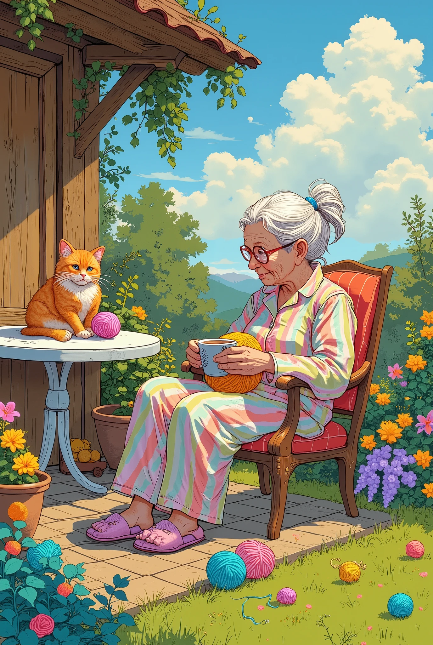 A cheerful little old craftsman with glasses and colorful pajamas with bears and soft slippers sits in her old chair and drinks coffee on the porch of her small wooden old house. Beautiful fantastic garden . Trees and flowers. Striped long-haired bright red cat plays with a ball of turquoise yarn . Sunny summer morning , Sunny. Ceruleum sky . Cream-colored airy clouds . Yellow acacia bushes , rhododendrons , purple wisteria , colorful lush roses , ripe grapes , bright green ivy . Little emerald hummingbirds . Soft green lawn . on the porch, near the old lady small white table . Старый медный кофейник стоит на столике на вязаной pink салфетке. Cookie vase . Balls of yellow , blue, pink, purple soft yarn . Pure beautiful joyful colors . Good facial expressions of an old woman's face . Wrinkles and gray hair . blue eyes. Old woman's body proportions . Style — illustration . Abstract art . Naive joy .