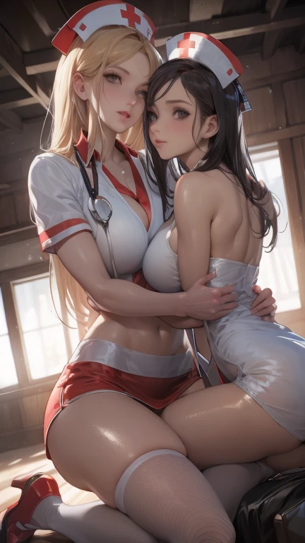 top-quality、Full limbs、complete fingers、1 beautiful woman,mole under eye、、sweat、Slender beauty、straight haired、Bright brown hair、((black Nurse strings swimsuit、covered erectile nipples、very skinny))、cleavage、black nurse hat、White pantyhose、hospitals、Hospital Room、on Patient bed、used condom、(((((vulgarity)))))、spoken heart、(tan:1.5)、
