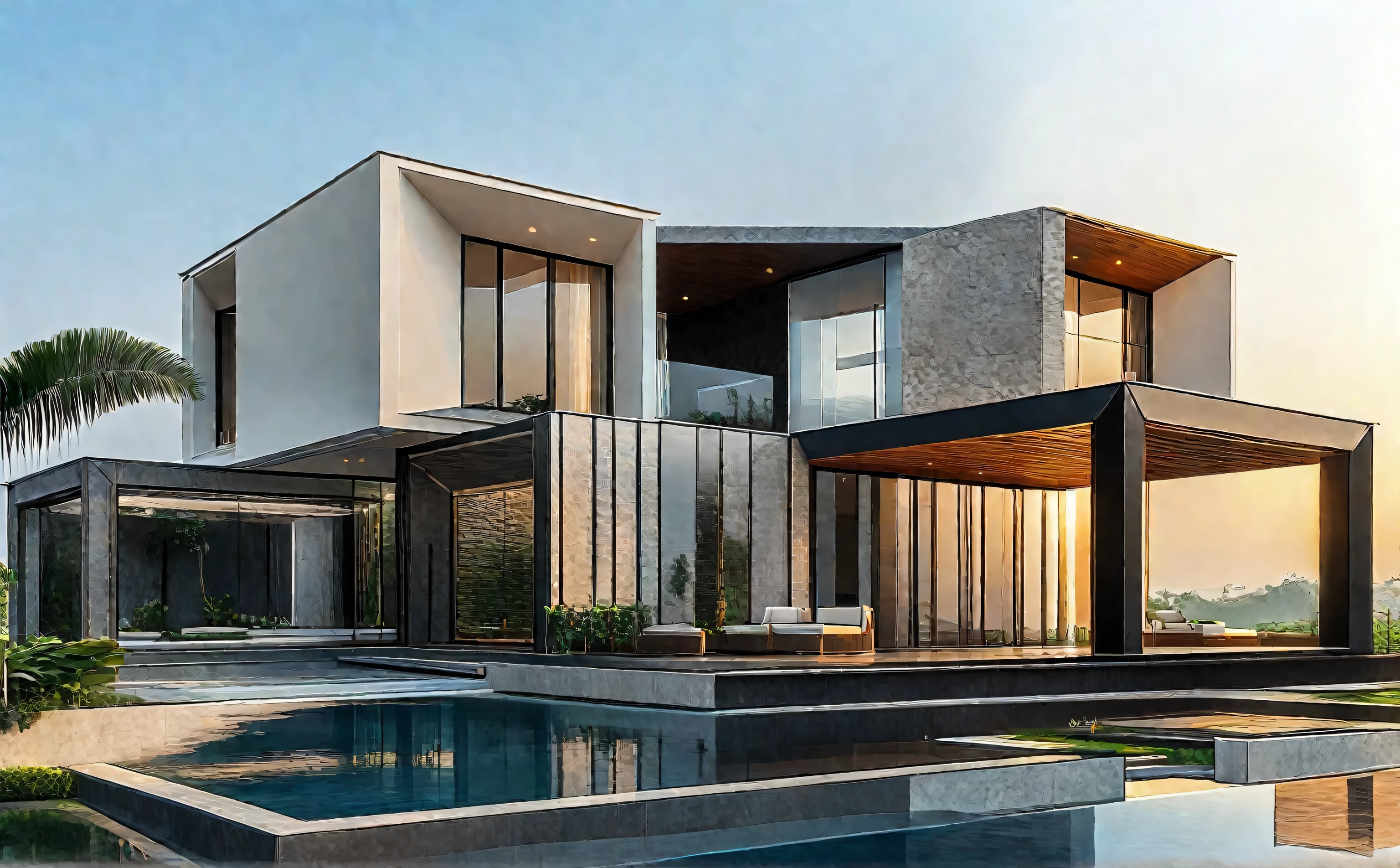 luxury modern villa, minimalist architecture, large glass windows, infinity pool, lush garden, sunset lighting, ultra-detailed, photorealistic