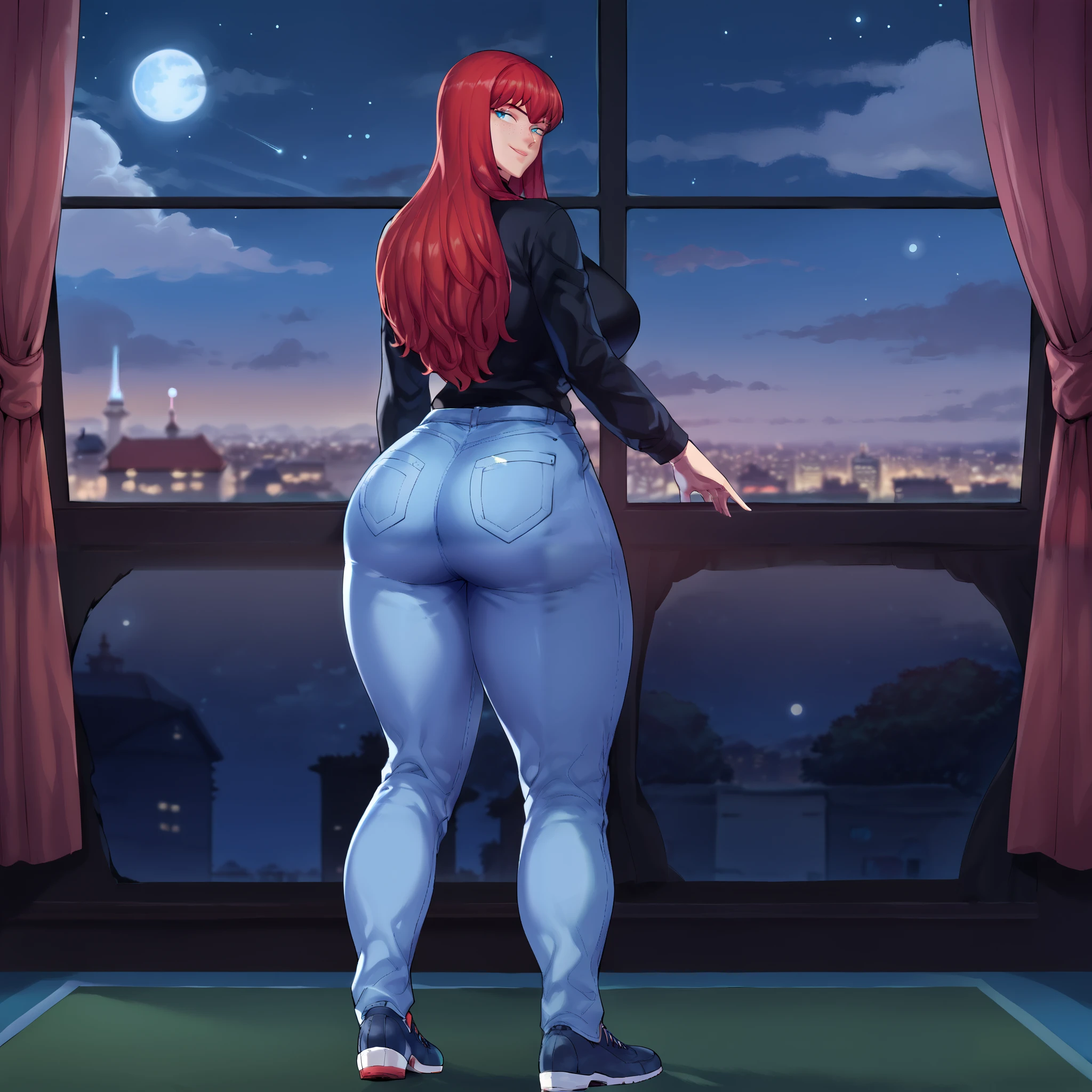 score_9, score_8_up, score_7_up, score_6_up, score_5_up, score_4_up, BREAK, 1girl, MJ, freckles arcoss face, blue eyes, dark red hair, long sleeve black shirt, dark blue long jeans, blue black shoes, long straight hair, 1girl, ((huge breasts, huge butt, thick thighs, curvy hips)), full body view, back view, face visable from behind, looking back, highly detailed, masterpiece, standing, seductive smile, inside new york apartment background, dark blue walls, blue carpet, at night, moon shining down through window