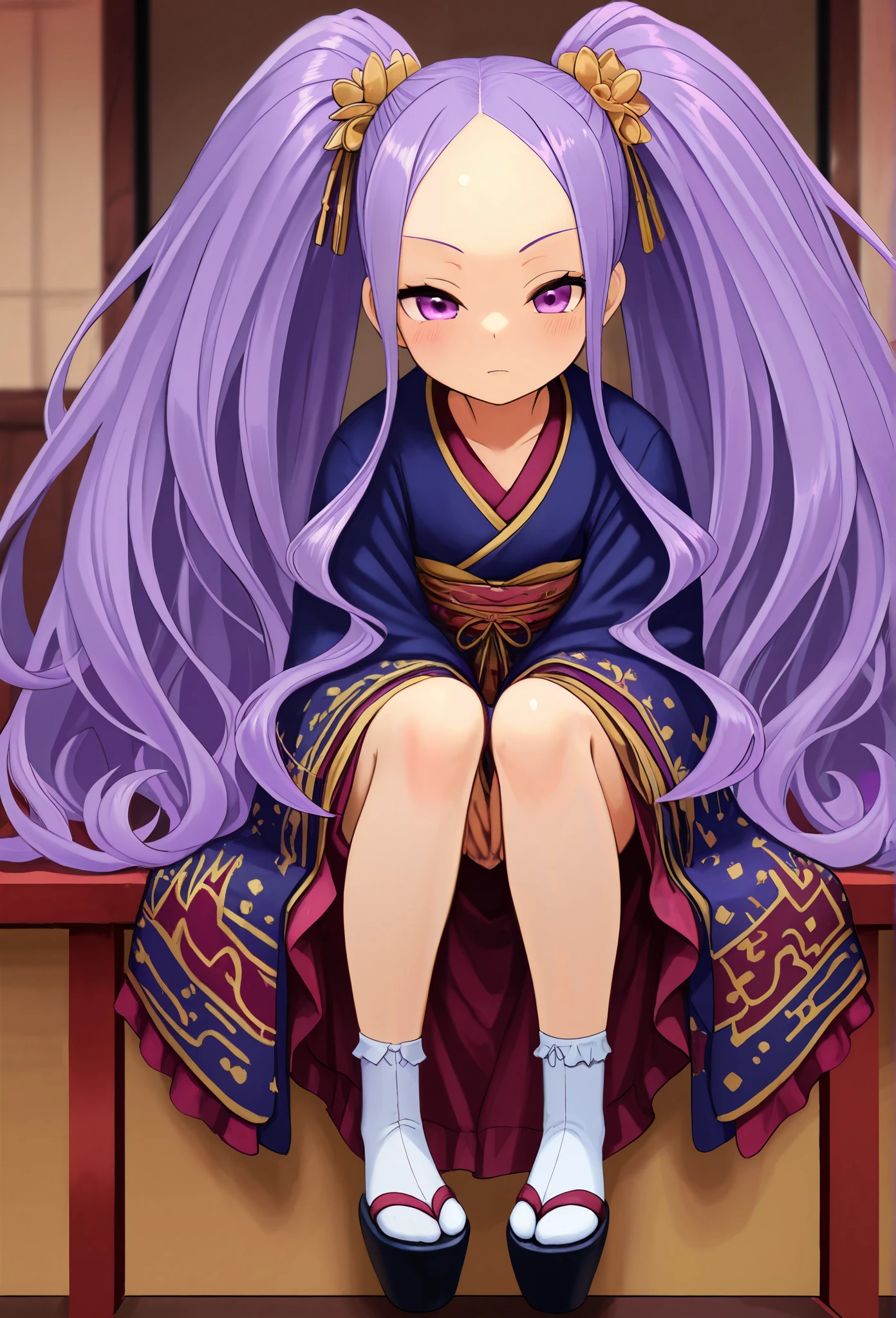 1 part-time girl , long hair, purple hair, PURPLE EYES , double ponytail, Forehead, kimono, high quality , very beautiful , absurd, high res , Latest, waist , black footbag , split toe socks, against your crotch, feet facing forward, Closeup of socks