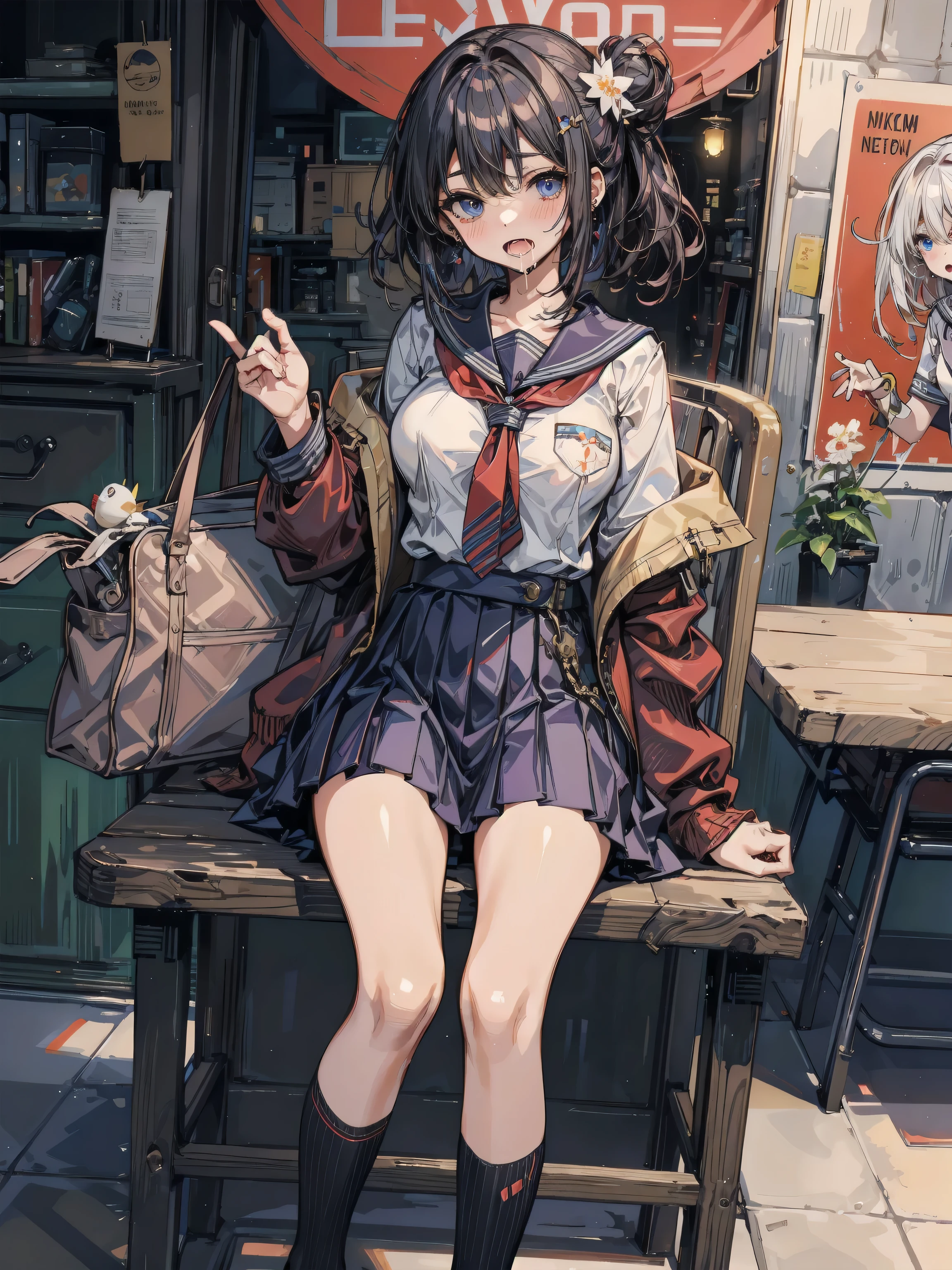 Masterpiece to the smallest detail、top-quality、girl with、17 age、独奏、Looks like a 12-year-old、150cm petite beautiful girl、small tits、a baby face、red hairs、Gradient Bob Forward、Pink and purple mesh、red eyes、Red Eyes、tall, Big eyes、Outstanding looks、A lovely child、proximity、Closed_Mouth、A smile、red blush、full of shyness、blue headwear、Hats、pink bowtie、校服、 Blue jacket、jaket、skirt by the、Gray skirt shirt、white shirt、an legs、Black socks、sitting on、Classroom、hair_ornament detached、up looking_で_viewer、beatiful detailed eyes、Akame、panties on、lift up one's skirt、Professional effects、