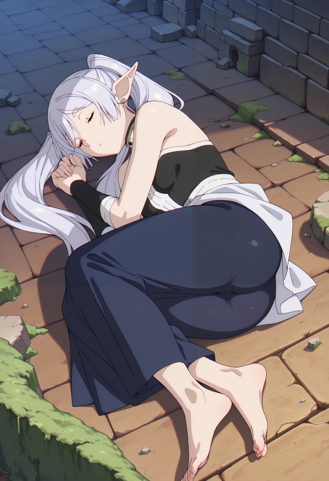 masterpiece, best quality, intricate details, , , , 1boy, solo, male focus, stark_sousou_no_frieren, dark gray hair, long hair, bangs, hair between eyes, ((from above)), ((sleeping)), ((closed eyes)), ruins, moss, stone brick, ((dutch angle)), floor, full body, thin waste, elf ears, ((two ponytails)), small breasts, (big ass), skirt