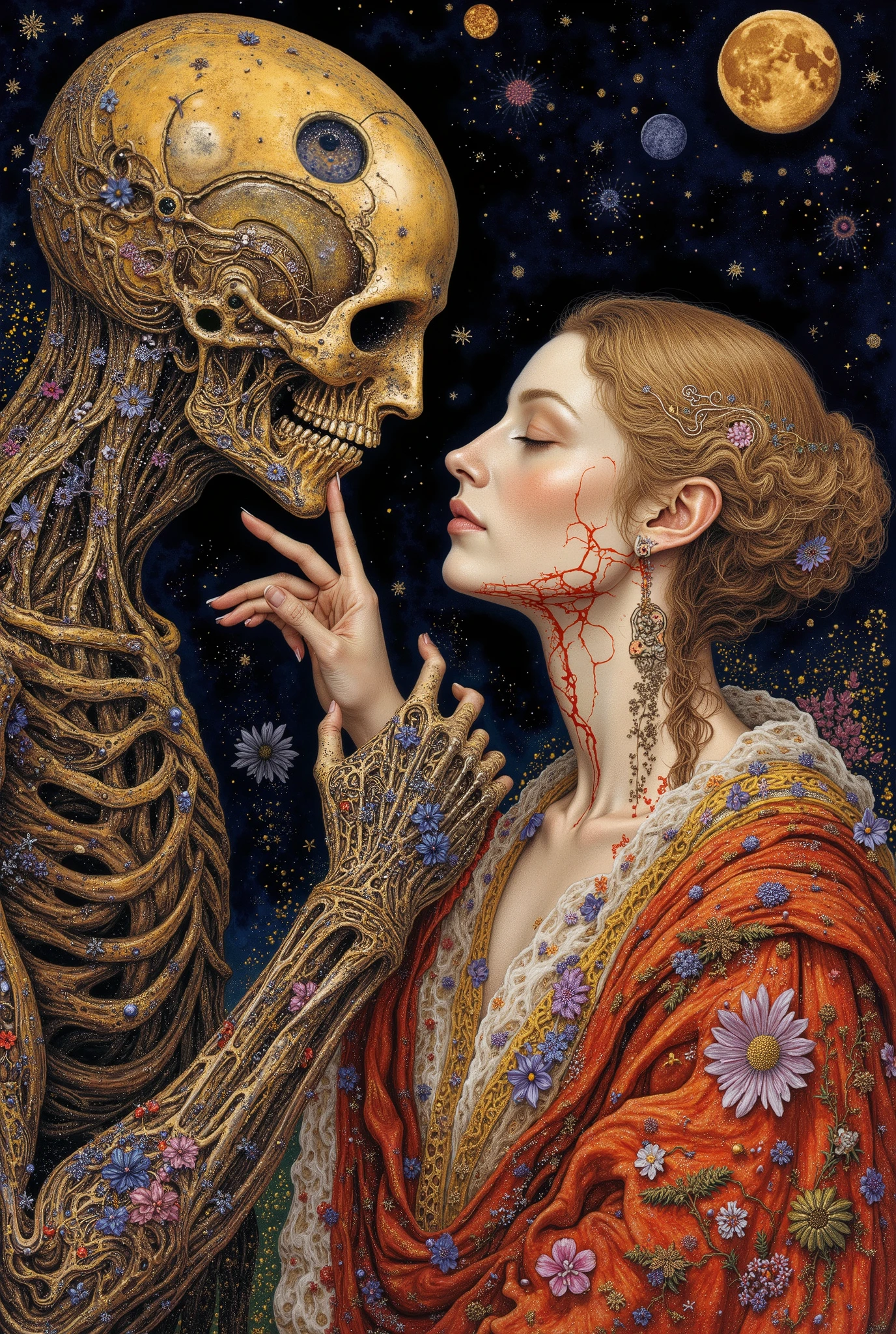 creation of adam,2 human ,((beautiful)),((touched finger to finger:1.5)),body horror,biomachine,(bloody),moonmoonlight, living being, (vivid color),(colorful),(tangled:1.2),(wearing robe:1.2), H.R Giger style,Gustav Klimt Style,Yoshitaka Amano style,
Granulated,plants,blood vessels,red liquid,blue,gold,ritual,Abundance,starry sky,
16k,detailed image, by gustavklimt,creature,biomechanical style