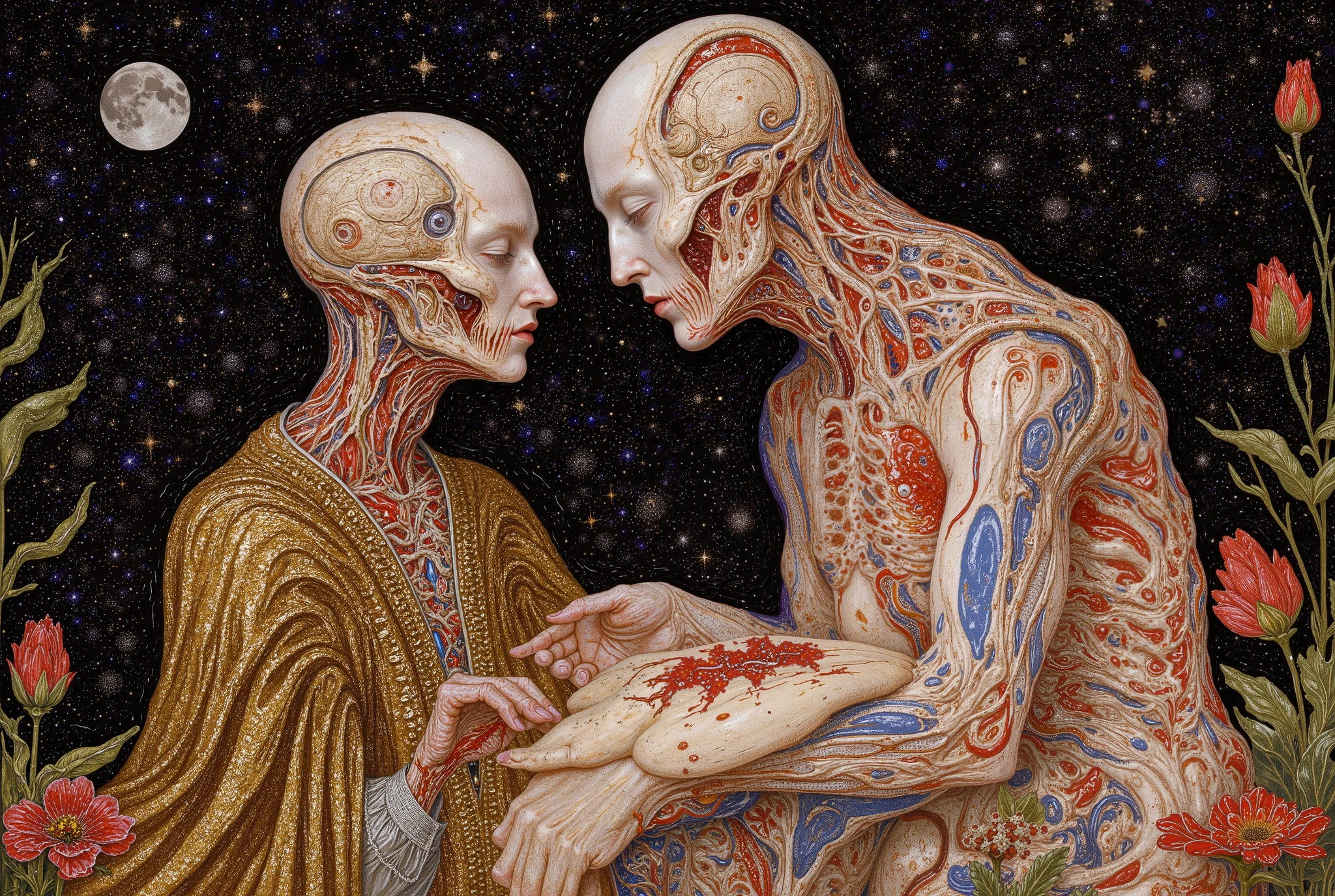creation of adam,2 human ,((beautiful)),((touched my index finger to his:1.5)),body horror,biomachine,(bloody),moonmoonlight, living being, (vivid color),(colorful),(tangled:1.2),(wearing robe:1.2), H.R Giger style,Gustav Klimt Style,Yoshitaka Amano style,
Granulated,plants,blood vessels,red liquid,blue,gold,ritual,Abundance,starry sky,
16k,detailed image, by gustavklimt,creature,biomechanical style