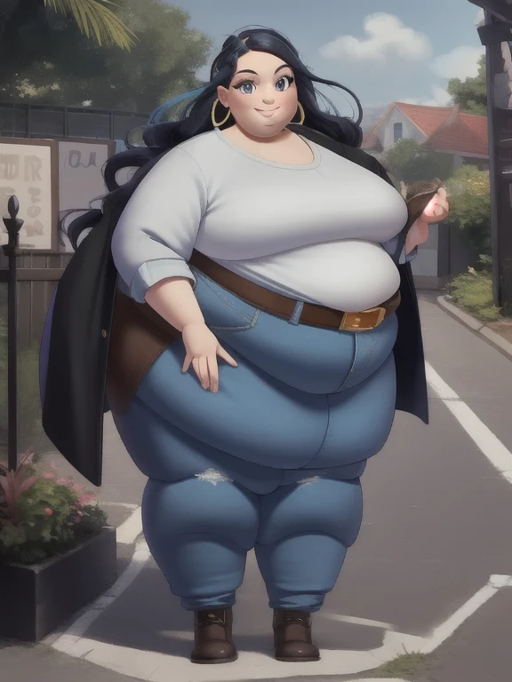 Beautiful face but chubby face, Chubby maoeuko sazaki, ((ahegao)), Hands on hips, Stand up straight, ((Full body)), (low head 1.5), A little chubby body type and small breasts, masterpiece, tight denim pants, ((small breasts)), thick legs++, Full body+, Solo, Swollen face, 1 woman, wide shoulder, (white long sleeve tutleneck 1.5,) (tight turtle neck 1.5), light blue Denim pants, thick thighs, low rise light blue denim pants, solo, simple background, masterpiece, best quality, black hair, A chubby figure that seems real, smile, big head, High saturation