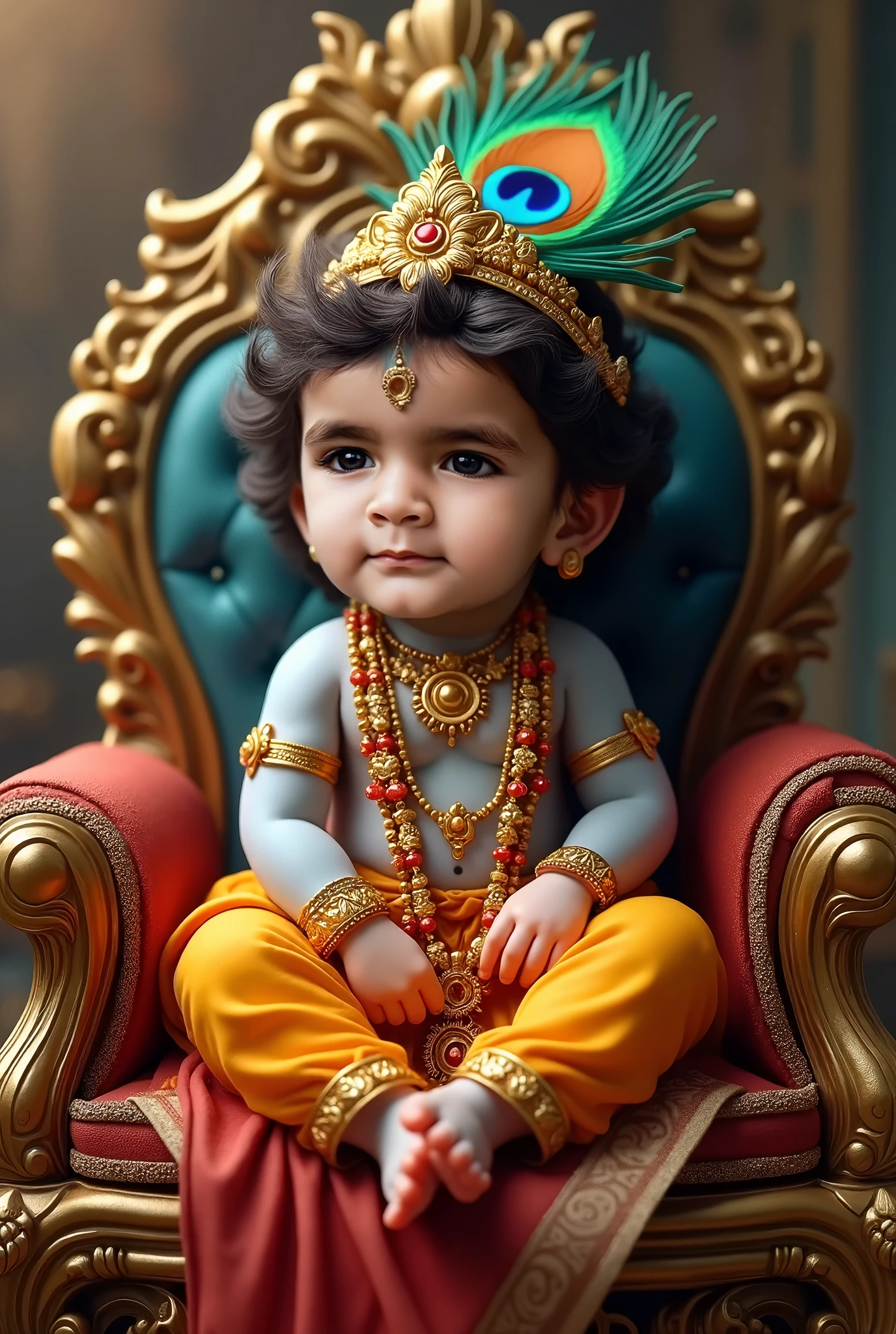 Create an image of a one year old indian baby boy sitting on a grand carved golden throne, wearing blue and gold threaded outfits, with a large size number '1' seen behind the throne, wearing a golden crown and jewelry, palace arch neatly ornated and carved is visible, very regal and royal