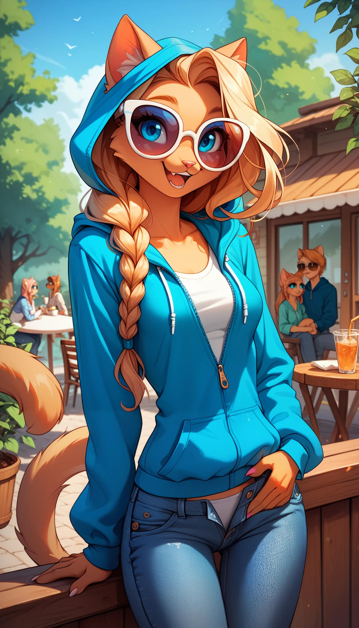 cute anthro cat girl with long blond hair and blue eyes, medium breasts, skinny, wearing very tight jeans, unzipped jeans, wearing a short blue hoodie, hood up, wearing sunglasses, warm smile, happy, at an outdoor cafe, very detailed