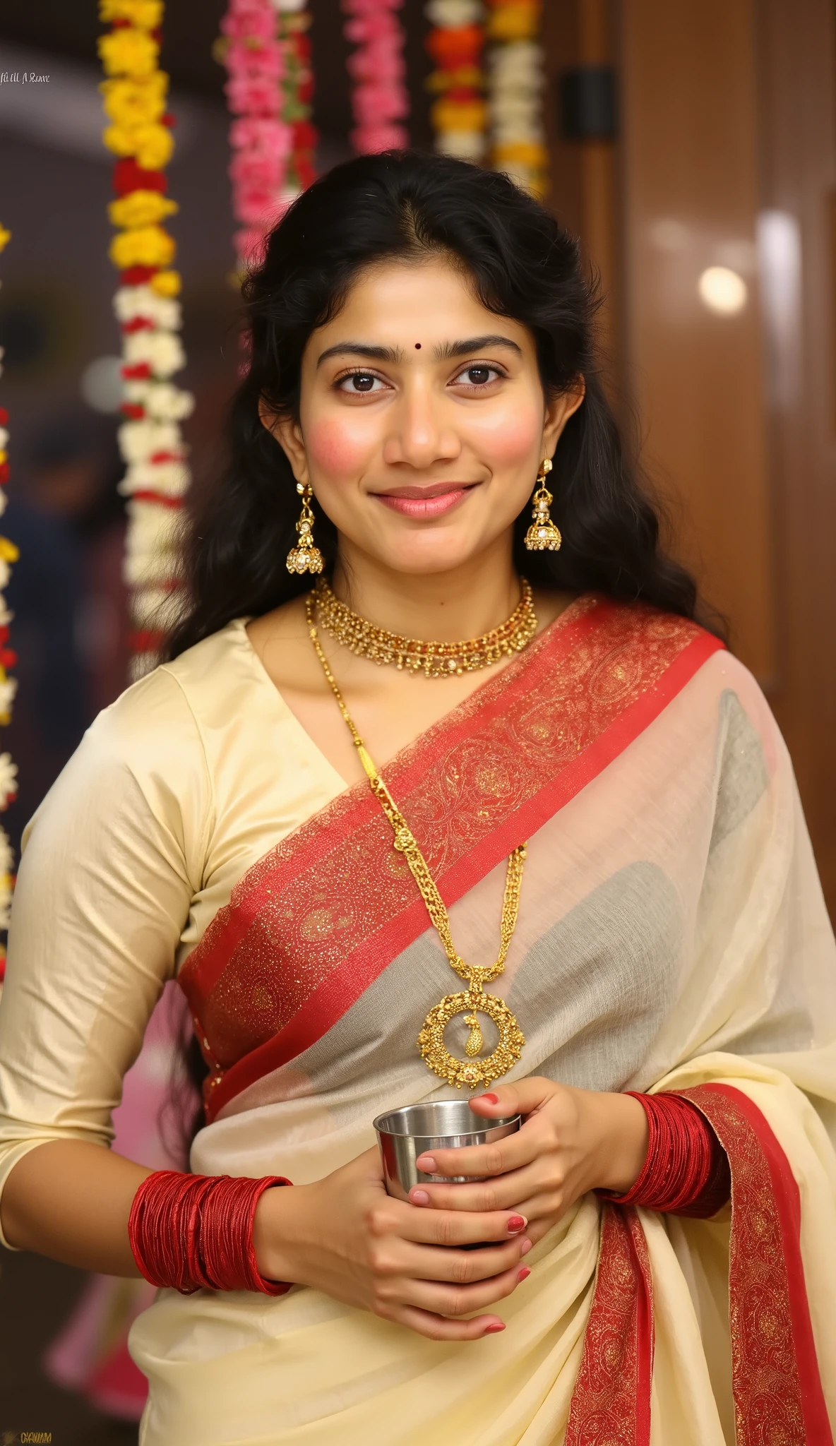 Create a realistic 8k image of a traditional Indian woman dressed in an elegant cream transparent saree with a rich red border showing deep navel. She is adorned with traditional gold jewelry, including a necklace with pendants and matching earrings, and has jasmine flowers in her neatly tied hair, Her wrists are decorated with red glass bangles, and she holds a silver tumbler in her hands with a serene smile. The setting is a festive indoor environment with hanging flower garlands in the background, exuding a warm and celebratory atmosphere. The lighting is soft, highlighting her features and the intricate details of her attire."