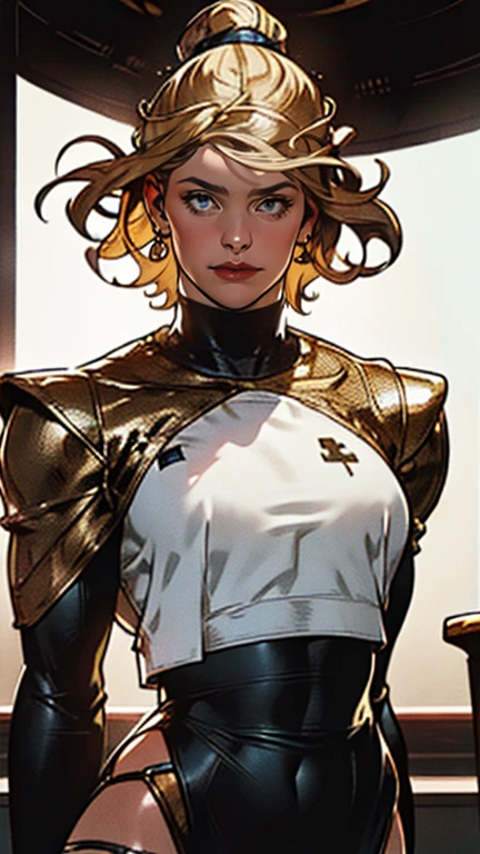 (((Warrior))), (((90% Yellow SUIT))), (((Yellow stars))), (((garter belt and corset))), (((hair shaved on the sides))), ((hooded cloak)), (((best qualityer: 1.4))), (Unbeatable masterpiece), (hiper HD),(CG 8k hyper-realistic), (((short cut hair style))), (((breasts big))), (((hyper feminine))), sexly girl, Tron,（(super short white hair)), ((( sculptural body ))), (((1 girl))), garota cibernética de 25 anos com perfectbody,,Beautiful and well-groomed face,muscular body:1.2,gradient color detailed jacket, (Head to thigh photos)， Complex equipment, green dark，Long pants, (((standing alone))), pirralha violent, (((14歳))), sexly, pose de atitude, work of art, post-apocalypse, (((manga style))), bounty hunter, violent, Manic, the way you want, slenderbody, thin but strong, perfectbody, roupa moderna, advanced technology, neon, sleeves with vertical striped pattern, neutral background, (( cowboy shot )). intricate visual