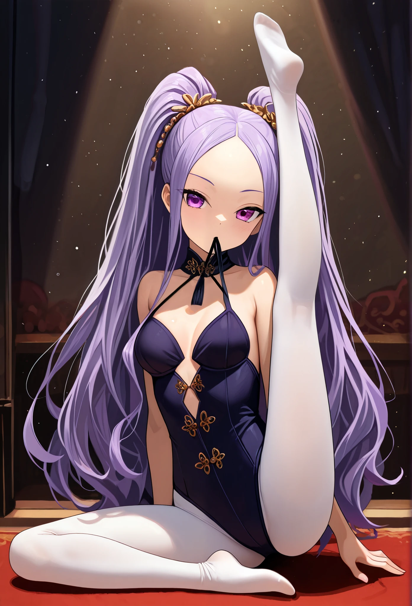 1 part-time girl , long hair, purple hair, PURPLE EYES , double ponytail, Forehead, ballet costume, sleeveless, high quality , very beautiful , absurd, high res , Latest, white pantyhose in my mouth, Splits, No shoes for leg lifts