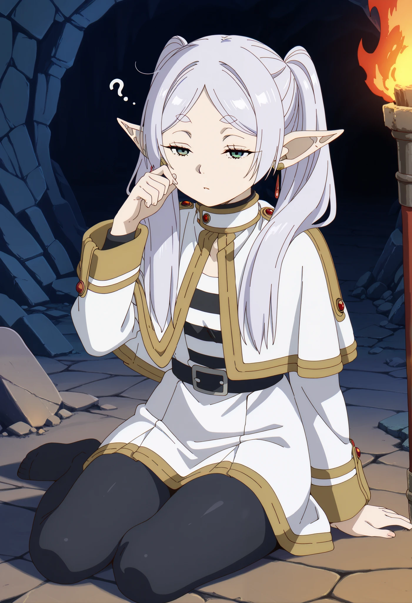 masterpiece, best quality, highres, newest, 1girl, solo, official style,frieren, long hair, twintails, green eyes, grey hair, pointy ears, elf, small breasts, anime screencap, shirt, long sleeves, jewelry, pantyhose, earrings, striped, black pantyhose, capelet, striped shirt, skirt, white skirt, dutch angle, half closed eyes, sitting on the floor, thighs, ((waking up)), (?), ((dark dungeon)), torch, cave, stone bricks, moss, ruins,
