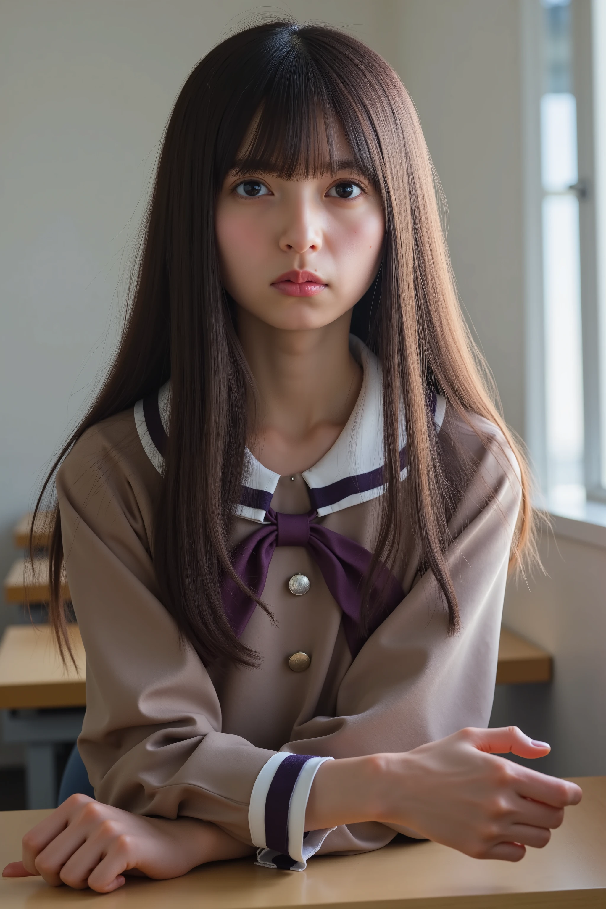 high resolution photograph,8k,masterpiece,best quality, detailed description, photo-realistic, Intricate details, natural lighting,1girl,Asuka,long hair, school uniform,looking at viewer,from front,classroom, She has a pouting face,