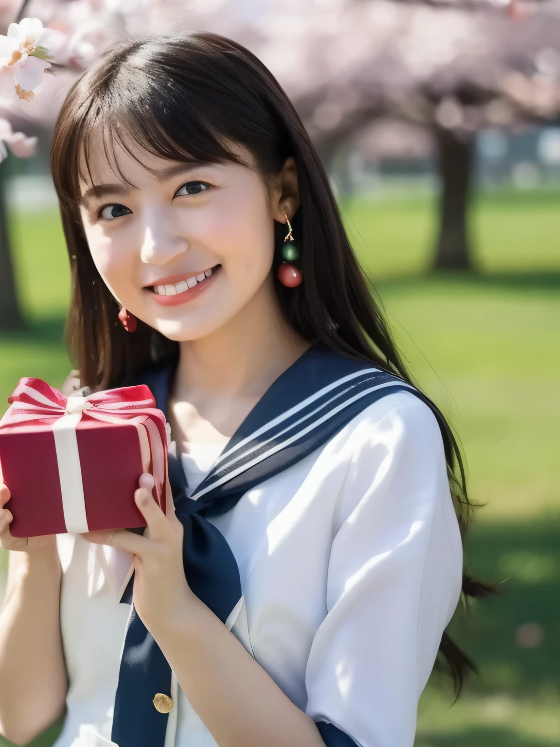 A stunningly beautiful 20-year-old woman stands in a lush green park full of cherry blossoms in full bloom under a clear blue sky. She is wearing a classic sailor uniform and holds a neatly wrapped gift box with a red ribbon in both hands in front of her chest. The box is small, wrapped in decorative paper, and tied with a bow. She looks very happy, with a radiant and joyful expression.A stunningly beautiful 20-year-old woman stands in a lush green park full of cherry blossoms in full bloom under a clear blue sky. She is wearing a classic sailor uniform and holds a neatly wrapped gift box with a red ribbon in both hands in front of her chest. The box is small, wrapped in decorative paper, and tied with a bow. She looks very happy, with a radiant and joyful expression.