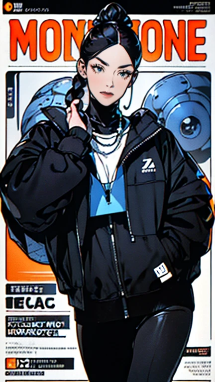 (illustrations), (cover of magazine: 1.4), (magazine: 1.4), lots of text, barcode, A sci-fi poster,  Jill Valentine ,, (tights:1.2),  pilot starship, A sci-fi poster, Star Trek, (masutepiece), (Best Quality), ((Super detailed beautiful face and eyes)), Realistic, with cool girls, Dynamic Angle, Short hair, (blue blouson jacket:1.1) And (Black tight skirt), ((Dark eyes)), Fingerless gloves, Jewelry Accessories, Studio Lighting