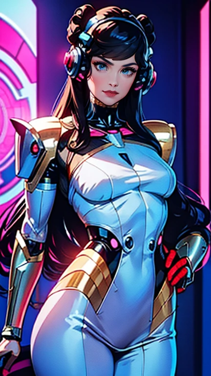 A 26-year-old girl wears a mecha in the bedroom, bare legs, the upper body wears a mecha, the rack has a hollow gold pattern, the background is illusory, the background is blurred, the proportion of characters in the picture is greater than 70%, the girl has more details, integrated into the classical Chinese style, showing her face, there are lights on the rack, showing her chest, and the face is the most fine
