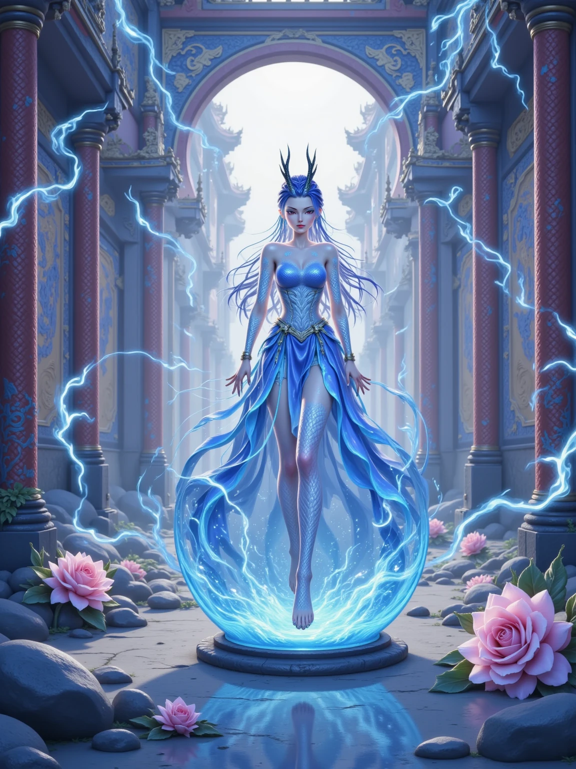 Aphrodite in an orb, in wrath, mythical scene , water wrapped around body, perfect body, perfect face, perfect hands, hold an blue flames astral orb, floating on water, blue flames eyes, wavy long hair, no dress, body exposed, disclose, ethereal white dragon, ethereal water, ethereal, massive smoke, blue-green smoke, feet on clouds, UHD, ultra detailed, hyper realistic, surrealism, epic realism, shiny body, glowing body