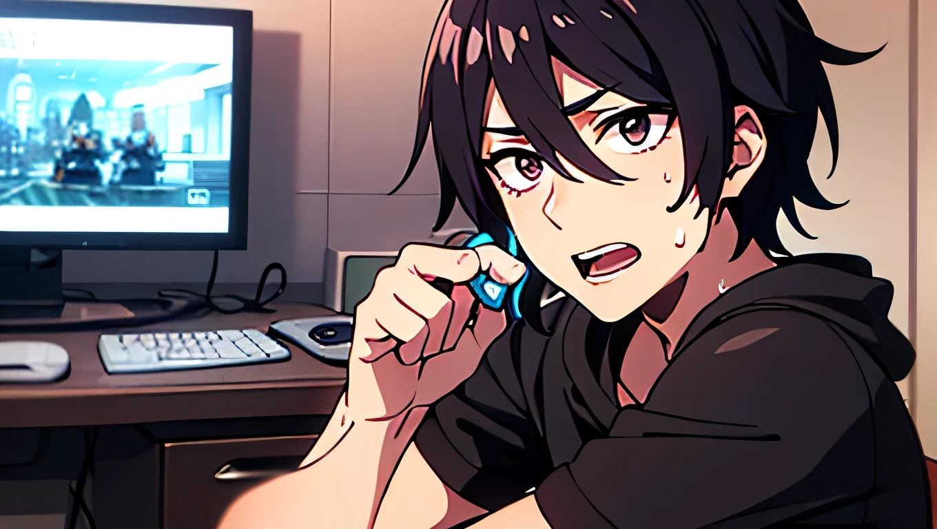 *" A young man in anime style , with hair ( slightly tangled black ), Eyes ( bright blue ) and skin (smooth white). He has an expression ( Panic ), with Eyes (wide open) and mouth ( is loud as screaming or in amazement ). A few drops (Speckled sweat) on the forehead expressing tension .
You are sitting in front of ( gaming computer desk ), Dejao ( Dedicated headset ), tay ( holding a mouse and keyboard ) in position ( or hastily reacting ). light ( RGB glowing from a modern PC ) reflected on the face , creating a vivid effect .
The context is (phòng gaming Modern ), with ( big screen ) shows the game being streamed . On the screen there is also (chat frame ) with nhiều bình luận ( spam stacking from viewers ), expressing excitement . behind is (giá để đồ with mô hình game), lamp ( discolored LED ), creating an atmosphere ( Vibrant , Modern ). This is the moment ( a game streamer experiencing a dramatic in-game surprise)."*