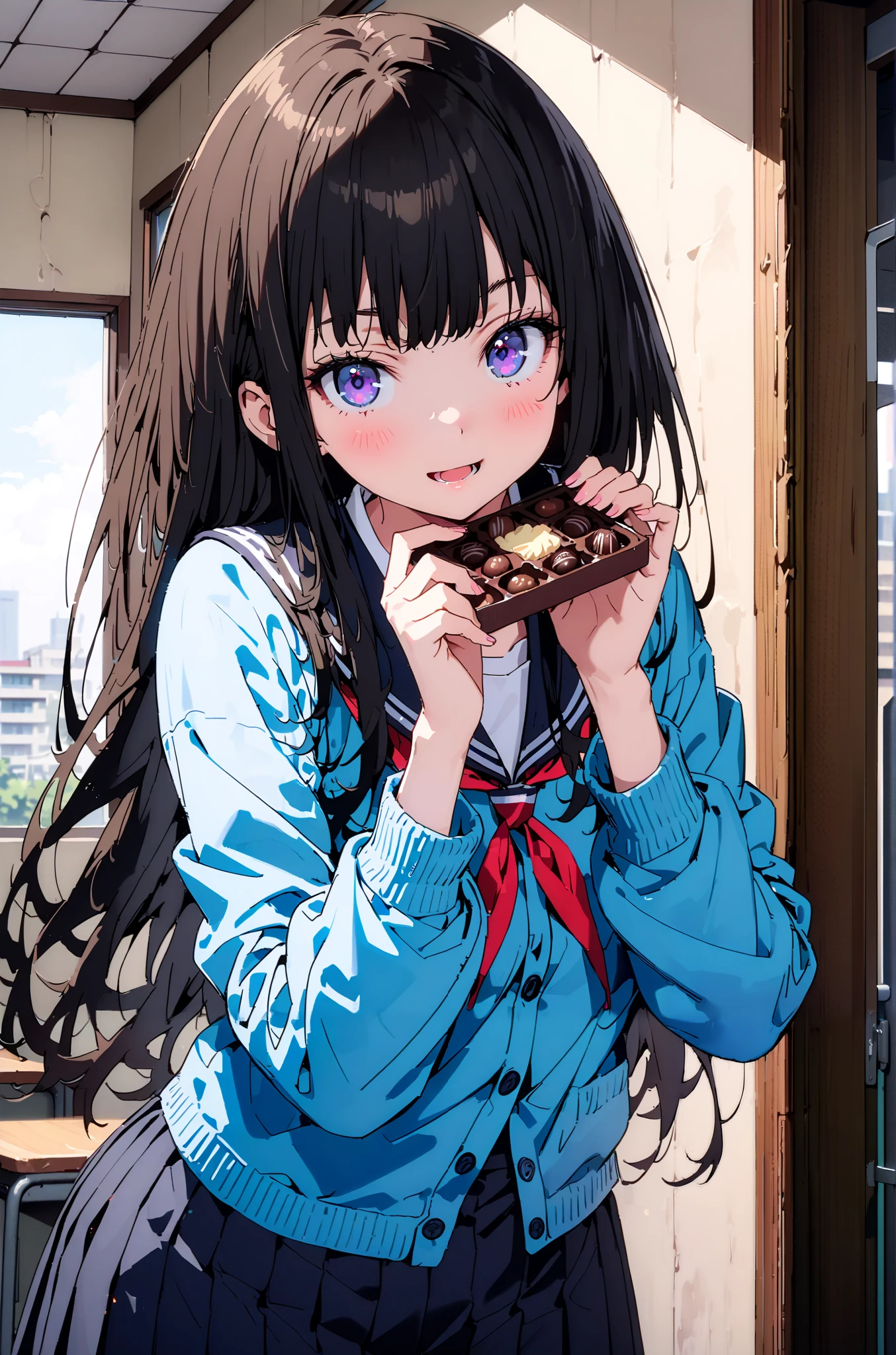 Takiuchikami, check it out, Alone, long hair, bangs, black hair, purple eyes ,smile,blush, open your mouth,Glasses, black sailor suit that grabs the thigh,blue cardigan, Long Sleeve, black mini pleated skirt ,incoming Food, chocolate, holding, holding chocolate, holding Food, Food, is standing,whole bodyがイラストに入るように,
break indoors, classroom,
break looking at viewer,whole body,( cowboy shot 1 :5),
break ( Masterpiece:1.2), top quality , kampala, Unity 8k Wallpaper,(shape:0.8),( fine, beautiful eyes :1.6),It's a person ,whole body写真,CG Details , ( perfect hands, Complete Anatomy),),