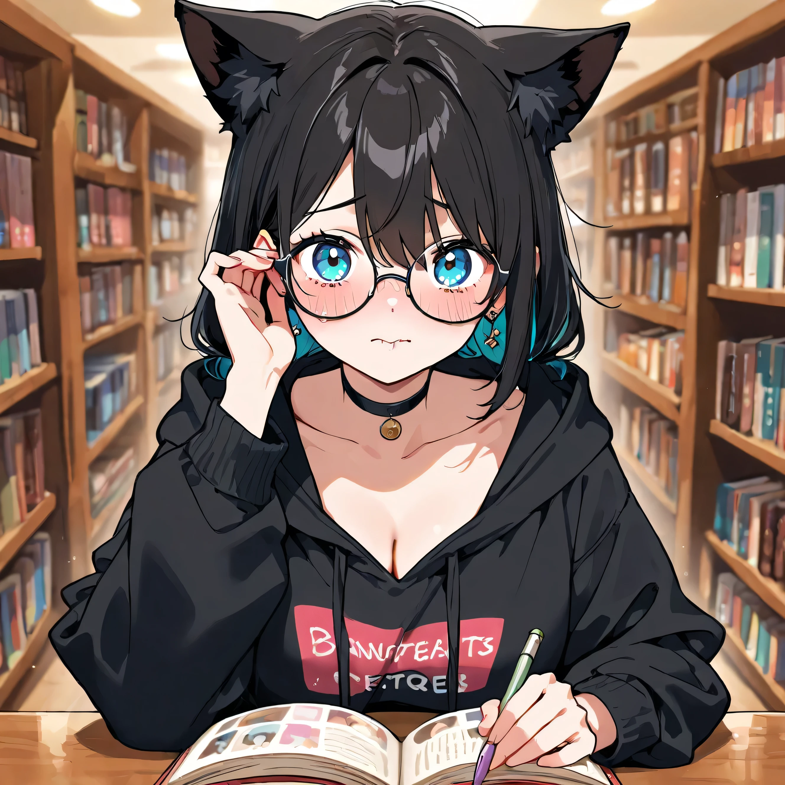 girl in a black hoodie　 wearing glasses in a quaint secondhand bookstore 　 　 Embarrassing　Teary-eyed