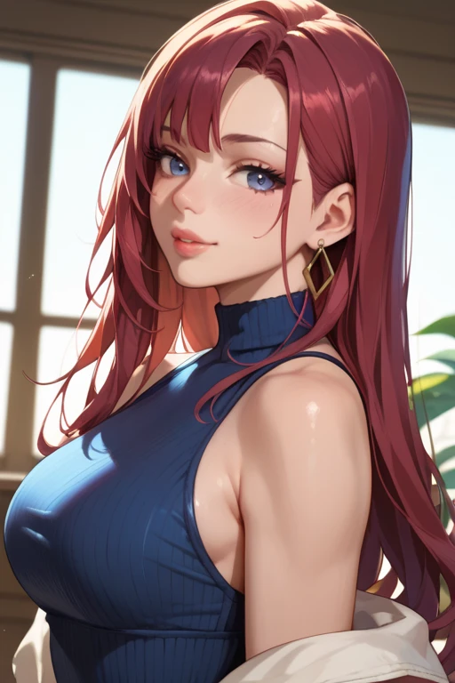 Masterpiece,Highest quality,8K,Ultra-high resolution,appropriate margins,Fits on camera,BREAK,1 person,Very beautiful adult woman,Slim body,Very large breasts,BREAK,Red Hair,mascara,Red eyeliner,Light pink lip,Thick upper eyelashes,Thin eyebrows,BREAK,Blue eyes,BREAK,Embarrassed,Shy smile,BREAK,Long Hair,Wearing hair in one ear,Ragged hair,BREAK,Naked Apron,BREAK,Eyes meet