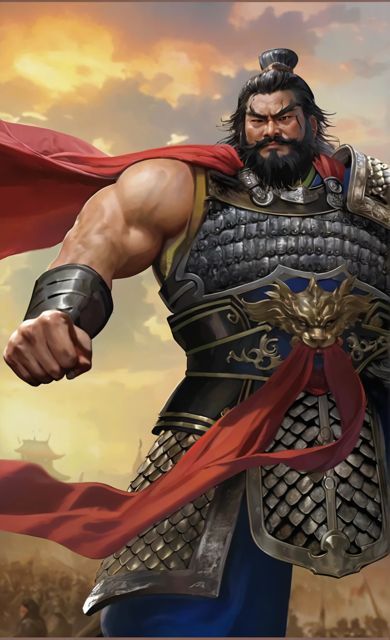  arafed depicts a picture of a man in armor holding a sword, Guan Yu, Persian Warrior, author：Ni Yuanlu,   adds depth and mystery to the scene  , author：Yang Borun, , author： Roman Bezpalkov , photo of , author：The J, author：Arthur Pan, Inspired by Huang Shen , Inspired by Li Kan