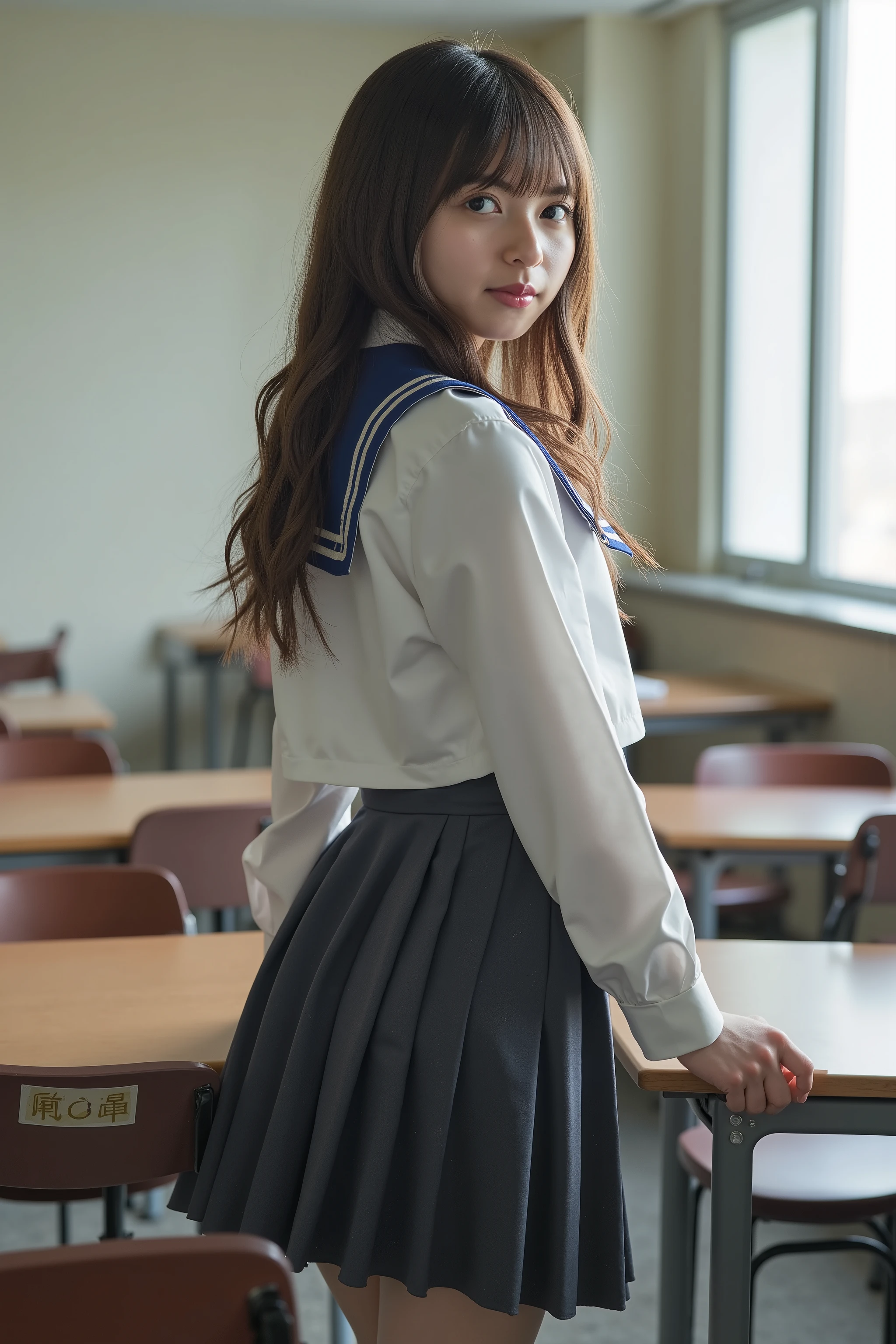 high resolution photograph,8k,masterpiece,best quality, detailed description, photo-realistic, Intricate details, natural lighting,1girl,Asuka in school uniform with long hair,(standing with hands on a school desk, looking back, turn around, twisted torso, ass focus), She smiled faintly at the corner of her mouth, indoors,classroom,