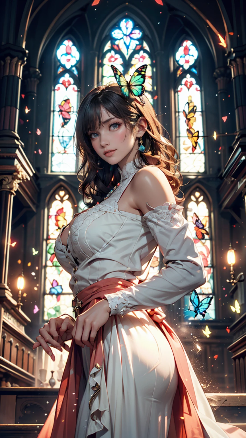 One girl, masterpiece, Very detailed, ((Cinema Lighting)), (Shine), ((Dramatic lighting)), ((Beautiful sparkle)), Intricate details, Lens flare, Multicolored Hair, Rainbow Hair, Long Hair, colorfulなドレス, butterflyの髪飾り, butterfly, (Particles of light), Put your arms behind your back, Large Breasts, [Curvy], Cowboy Shot, A light smile, Green Eyes, church, Stained glass, Spotlight, Dark Background, Floating Hair, Floating Hair, View your viewers,((colorful))