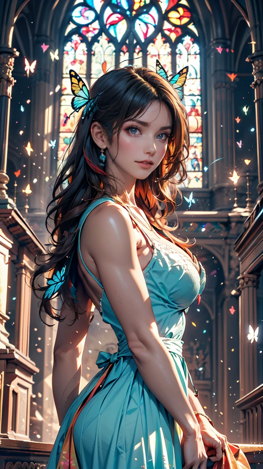 One girl, masterpiece, Very detailed, ((Cinema Lighting)), (Shine), ((Dramatic lighting)), ((Beautiful sparkle)), Intricate details, Lens flare, Multicolored Hair, Rainbow Hair, Long Hair, colorfulなドレス, butterflyの髪飾り, butterfly, (Particles of light), Put your arms behind your back, Large Breasts, [Curvy], Cowboy Shot, A light smile, Green Eyes, church, Stained glass, Spotlight, Dark Background, Floating Hair, Floating Hair, View your viewers,((colorful))