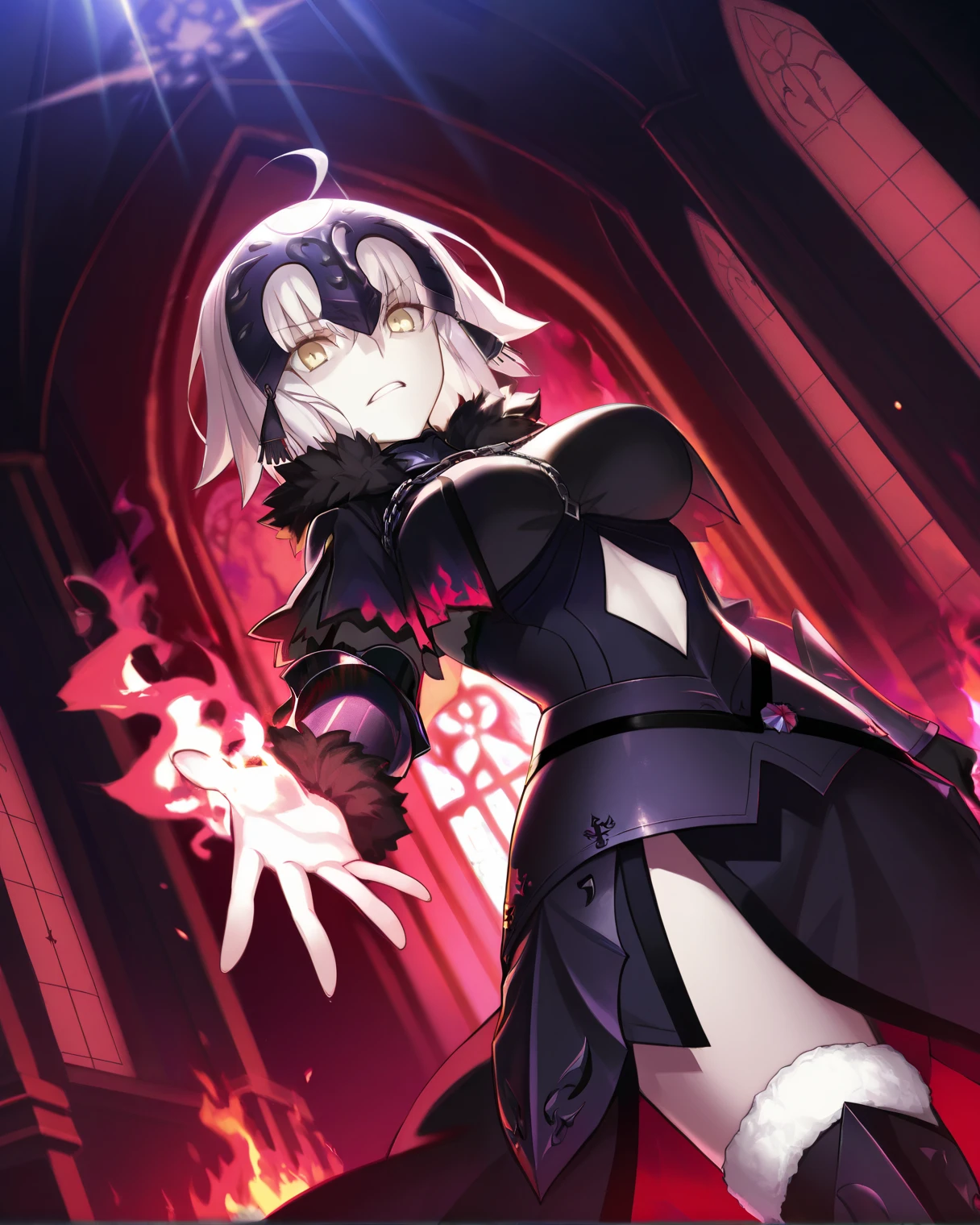 {{{{{jeanne d'arc alter (fate), fate/grand order}}}}}, masterpiece, best quality, ultra-detailed, extremely detailed, beautiful, extremely detailed CG 8k wallpaper, ultra detailed background, bloom effect, holylight, light rays, strong light coming in, deep shadows, church background, dynamic angle,The interior of a burning church, with flames spreading across the walls and ceiling, and light and shadows flickering, midnight, reaching out, flaming hand, blazing inferno, ethereal glow, necklace made of swirling flames, glowing brightly with an intense and fiery light. Creating a powerful yet elegant atmosphere