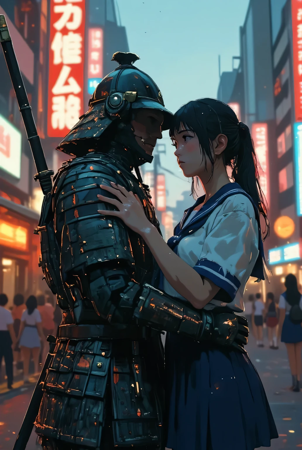 Breathtaking beauty, Japanese women and Japanese men who are warlords, Woman in uniform,  Female Students in Sailor Uniforms Embrace Japanese Samurai Across Time and Space,  anatomically correct and accurate 5 fingers, Samurai Can't See Their Faces ,  Samurai are traditional Japanese samurai, Red samurai costume with details, The downtown area where the sunset shines in , 