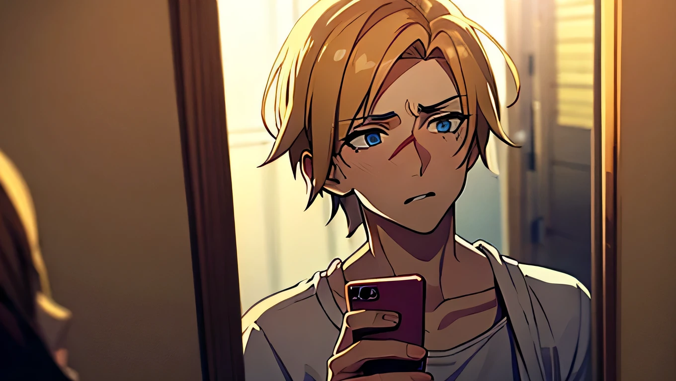 " A young man with slightly disheveled blond hair and bright blue eyes standing in the middle of an evening garden party, the stunned and panicked look . eyes wide open , reflected the amazement and pain , exhaled breath. His hand clutched the phone or the news paper , the body stopped slightly as if not believing what I had just heard . open lips , but without uttering the word . The string lights sparkled around , but the party atmosphere seemed to settle , some of the guests nearby began to notice his unusual expression . At this moment , the whole world stopped , only the sound of his heart beating and a sense of loss overflowed in his eyes ."
Background ( hospital )