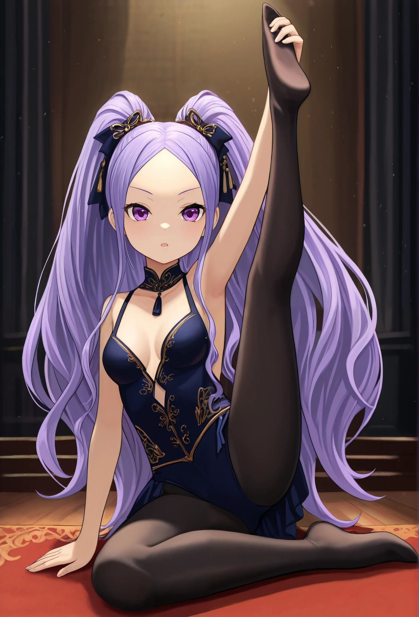 1 part-time girl , long hair, purple hair, PURPLE EYES , double ponytail, Forehead, ballet costume, sleeveless, high quality , very beautiful , absurd, high res , Latest, black pantyhose , Splits, No shoes for leg lifts