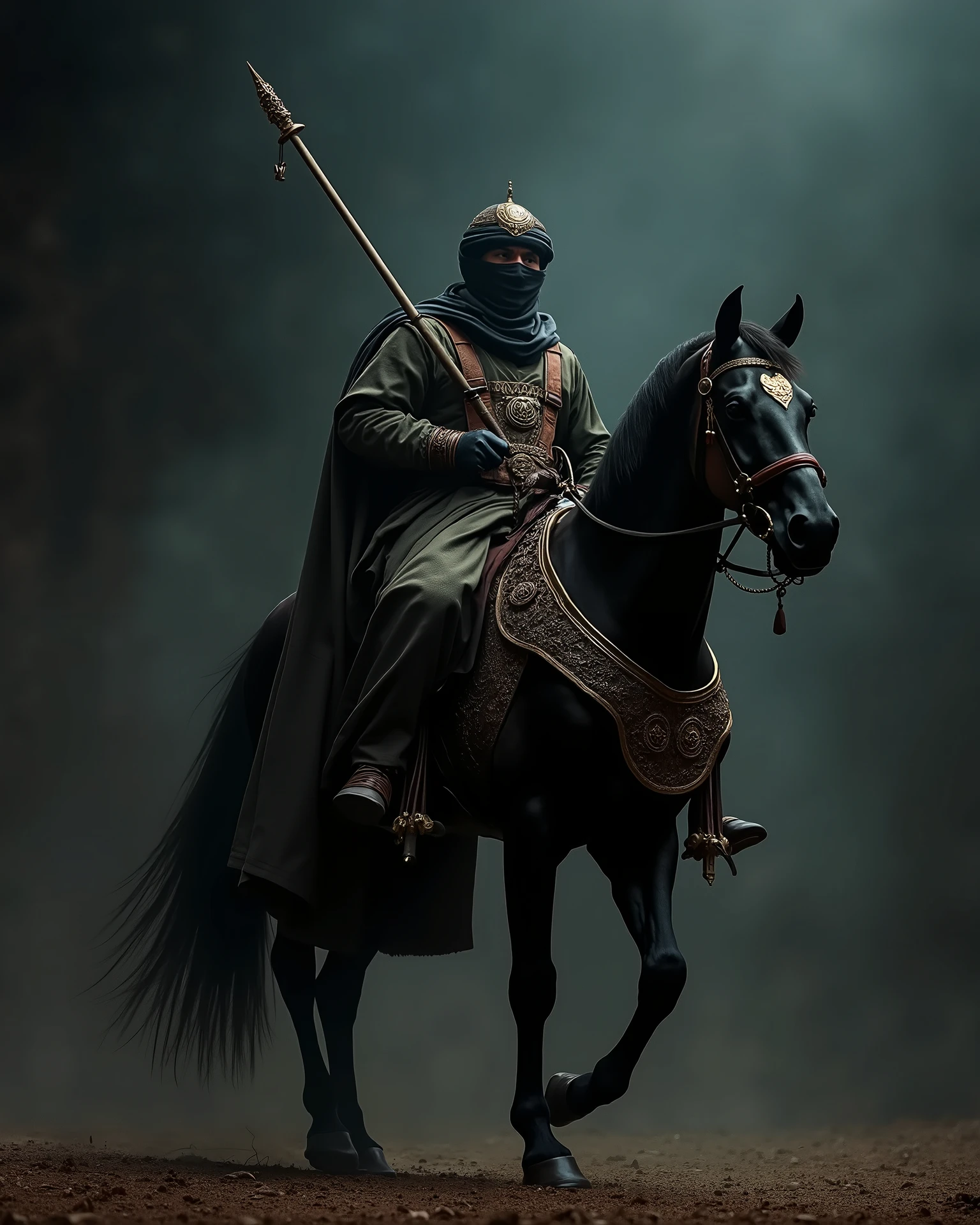 4k wallpaper, face covered Islamic warrior on black horse, proud and confidential, islamic warrior on running horse, in 14th century with old weapons, real cinematic down view, 