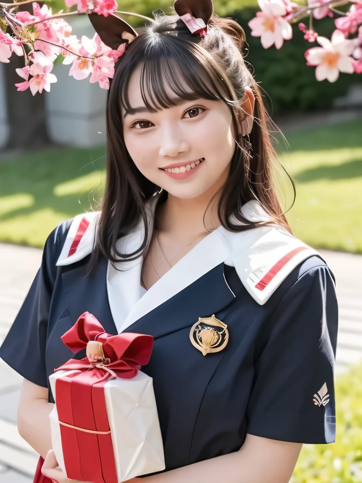 A stunningly beautiful 20-year-old woman stands in a lush green park full of cherry blossoms in full bloom under a clear blue sky. She is wearing a classic sailor uniform and holds a neatly wrapped gift box with a red ribbon in both hands in front of her chest. The box is small, wrapped in decorative paper, and tied with a bow. She looks very happy, with a radiant and joyful expression.A stunningly beautiful 20-year-old woman stands in a lush green park full of cherry blossoms in full bloom under a clear blue sky. She is wearing a classic sailor uniform and holds a neatly wrapped gift box with a red ribbon in both hands in front of her chest. The box is small, wrapped in decorative paper, and tied with a bow. She looks very happy, with a radiant and joyful expression.