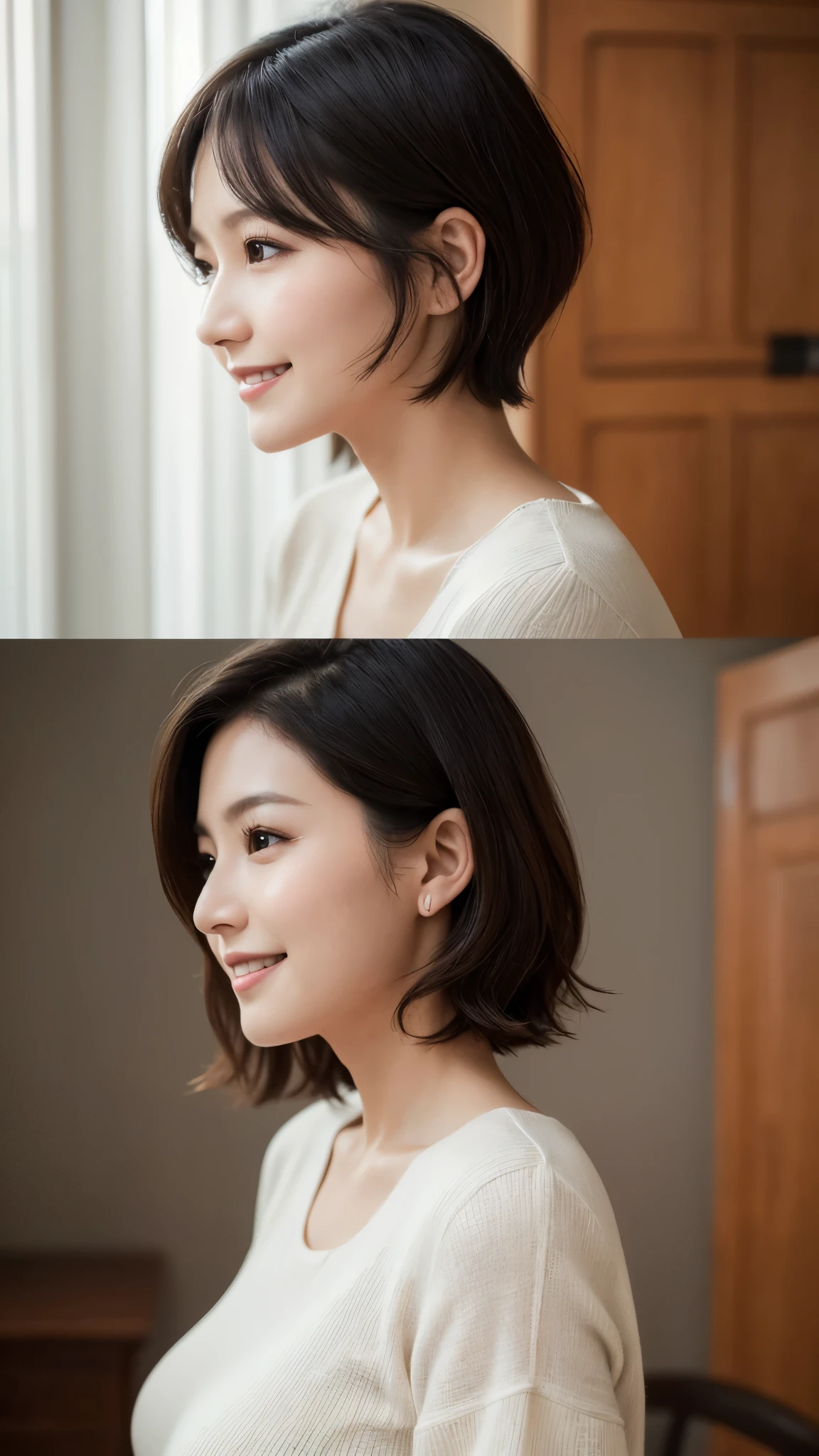 (Best quality, 8k, 32k, Masterpiece, UHD:1.2), 1girl, beautiy Japanese woman, narrow waist, grey suit, open jacket, office lady, suit, pants, from behind, office room, desk, (stick out one's :1.2), detailed face, short hair,