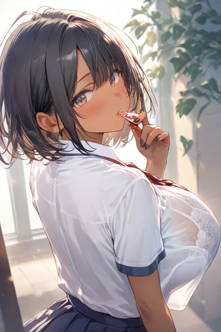 The modern era、A high school girl is seen licking a dildo in her mouth with her mouth wide open in an empty classroom after school.、She is wearing a uniform with her shirt showing through, revealing her bra