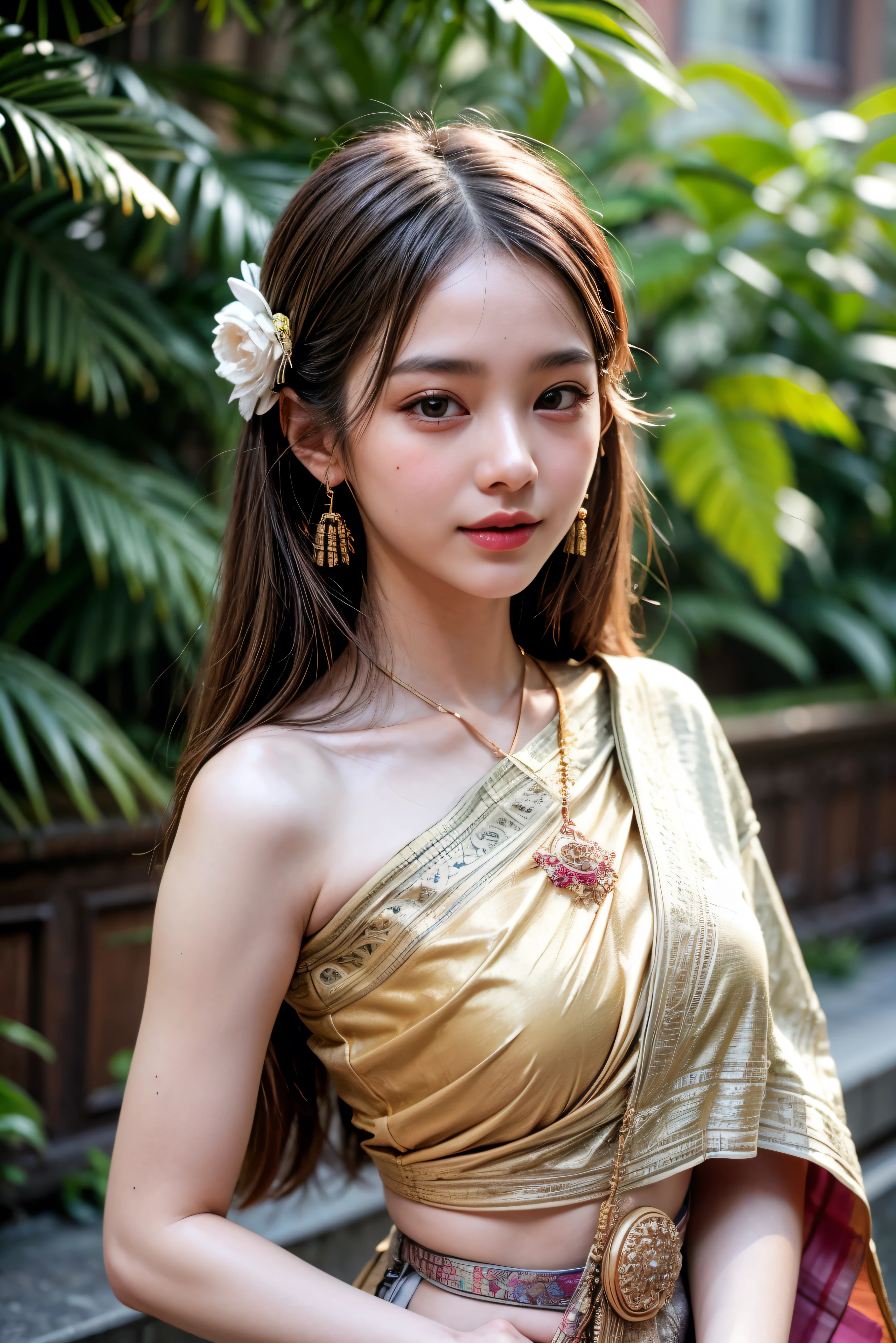 8K, ultra high detailed, an thai girl, cute face, happy, long hair, impressive hairstyle, detailed eyes, detailed lips, thai clothes, saree, golden saree, lace, wearing jewellery, nature background, flowers, afternoon, shadow, clear weather, whole body capture