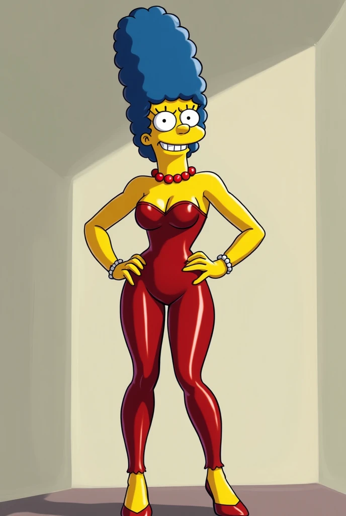 Marges simpson tight clothing, full body slim, messianic breasts sexual traits, closed mouth smile single color short heel sneakers,  cartoons bold pose