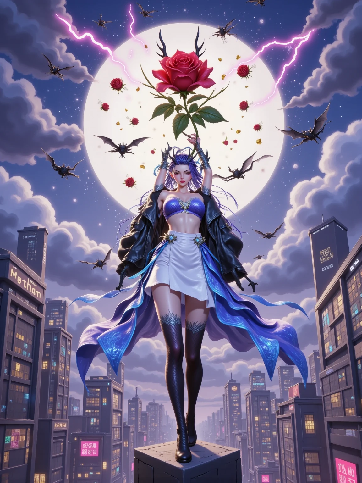 Aorun stands atop skyscraper clutching lightning-wreathed crimson rose, each petal holding micro thunderstorms. She hurls the flower into stormy sky—thunderbolts weave colossal heart-shaped grid, drones hit by electricity shower golden foil petals. Close-up shows time freezing as her touch makes all roses in city sway toward her.